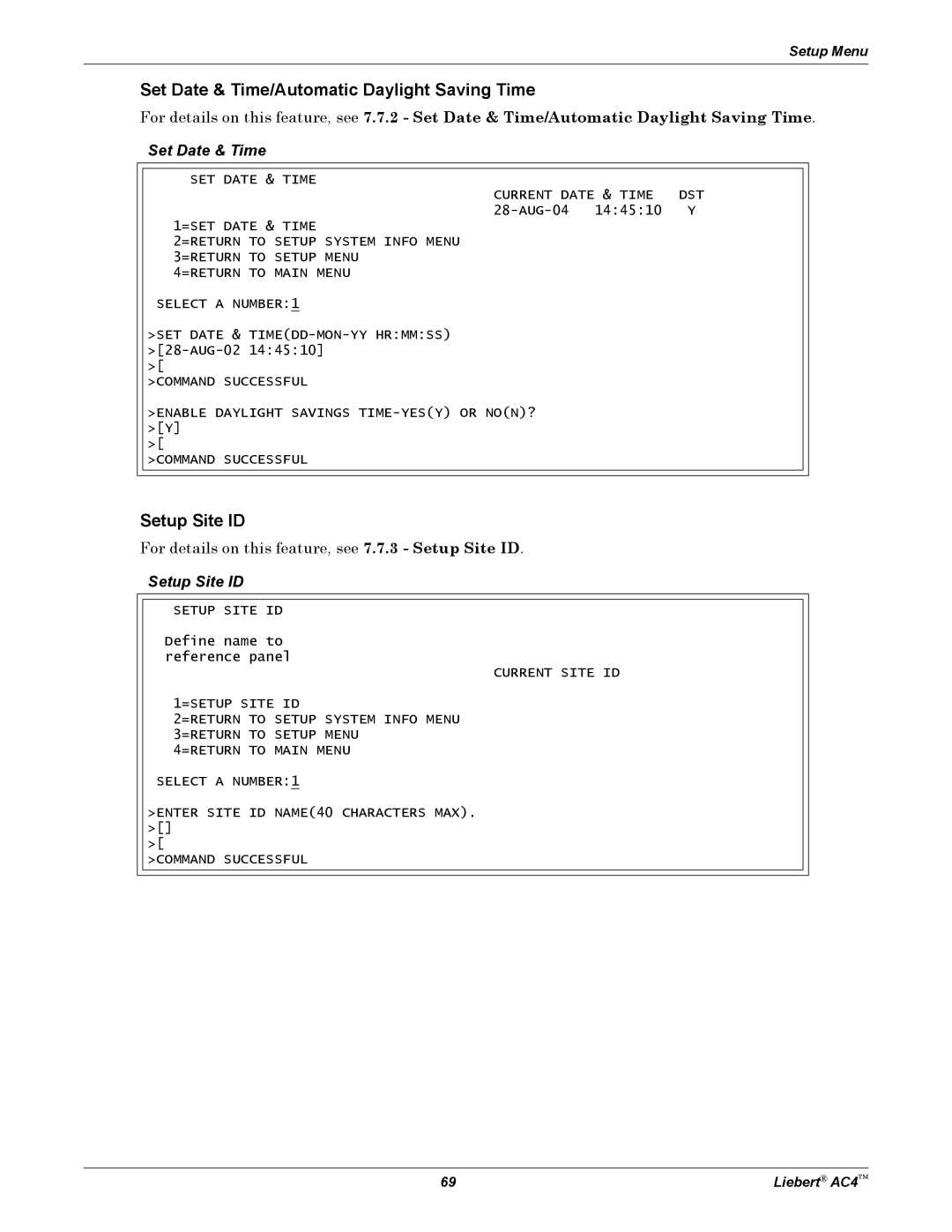 Emerson AC4 user manual Set Date & Time, Setup Site ID 