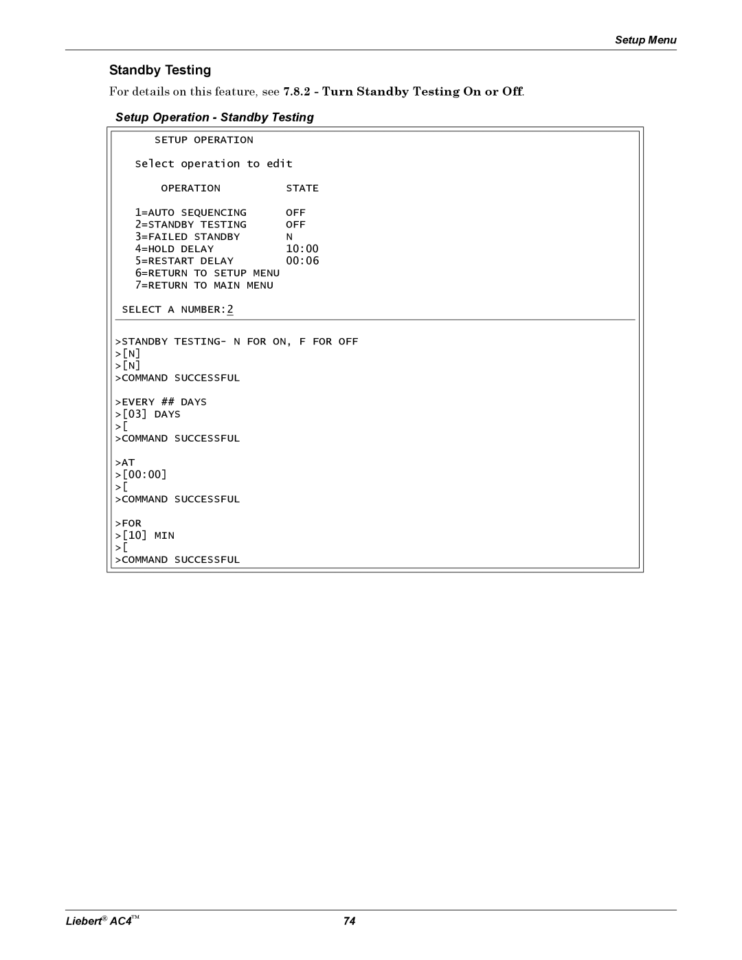 Emerson AC4 user manual Setup Operation Standby Testing 