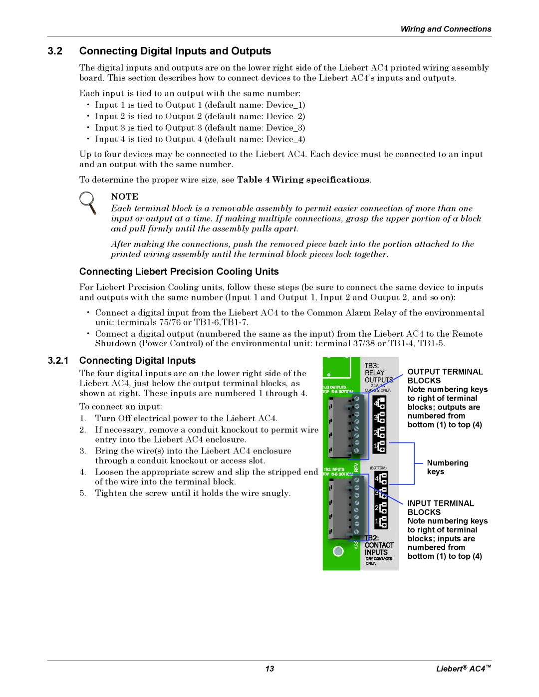 Emerson AC4 user manual 3.2Connecting Digital Inputs and Outputs, Connecting Liebert Precision Cooling Units 