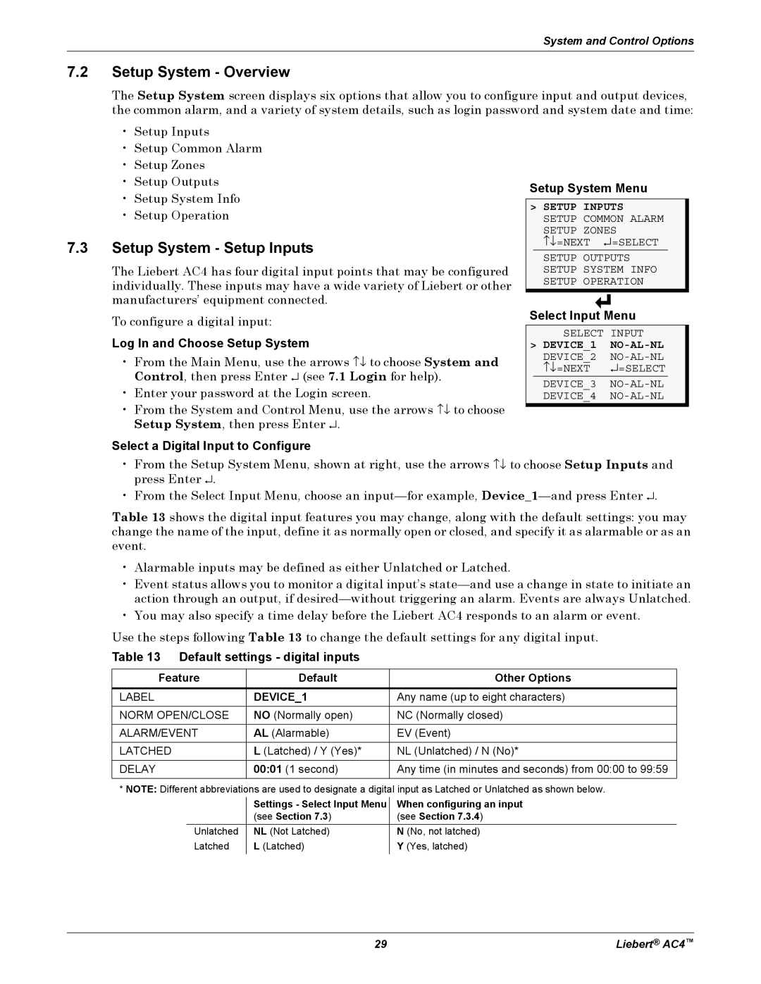 Emerson AC4 user manual 7.2Setup System - Overview, Setup System - Setup Inputs, Setup System Menu, Select Input Menu 