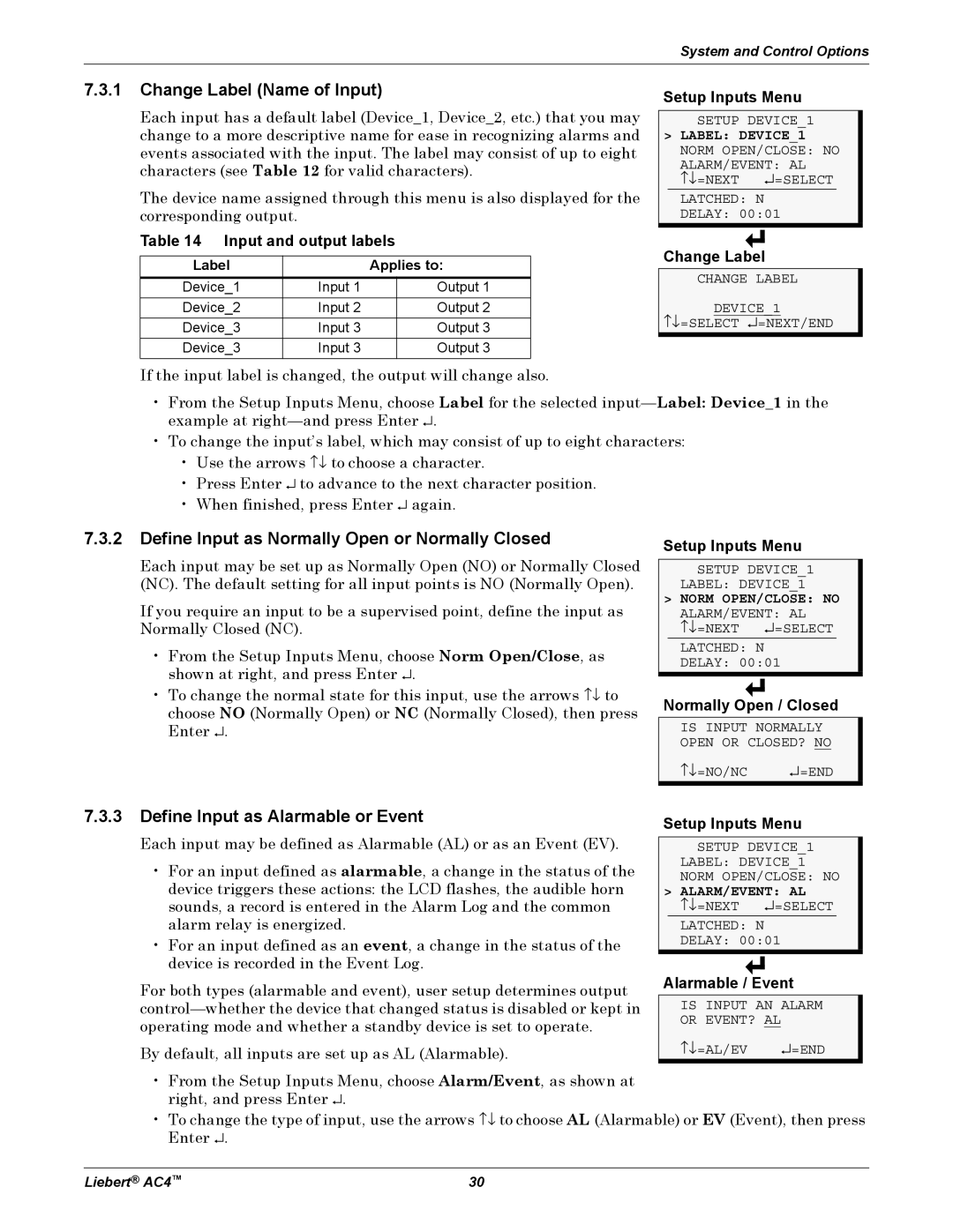 Emerson AC4 user manual Change Label Name of Input, 7.3.3Define Input as Alarmable or Event, Input and output labels 