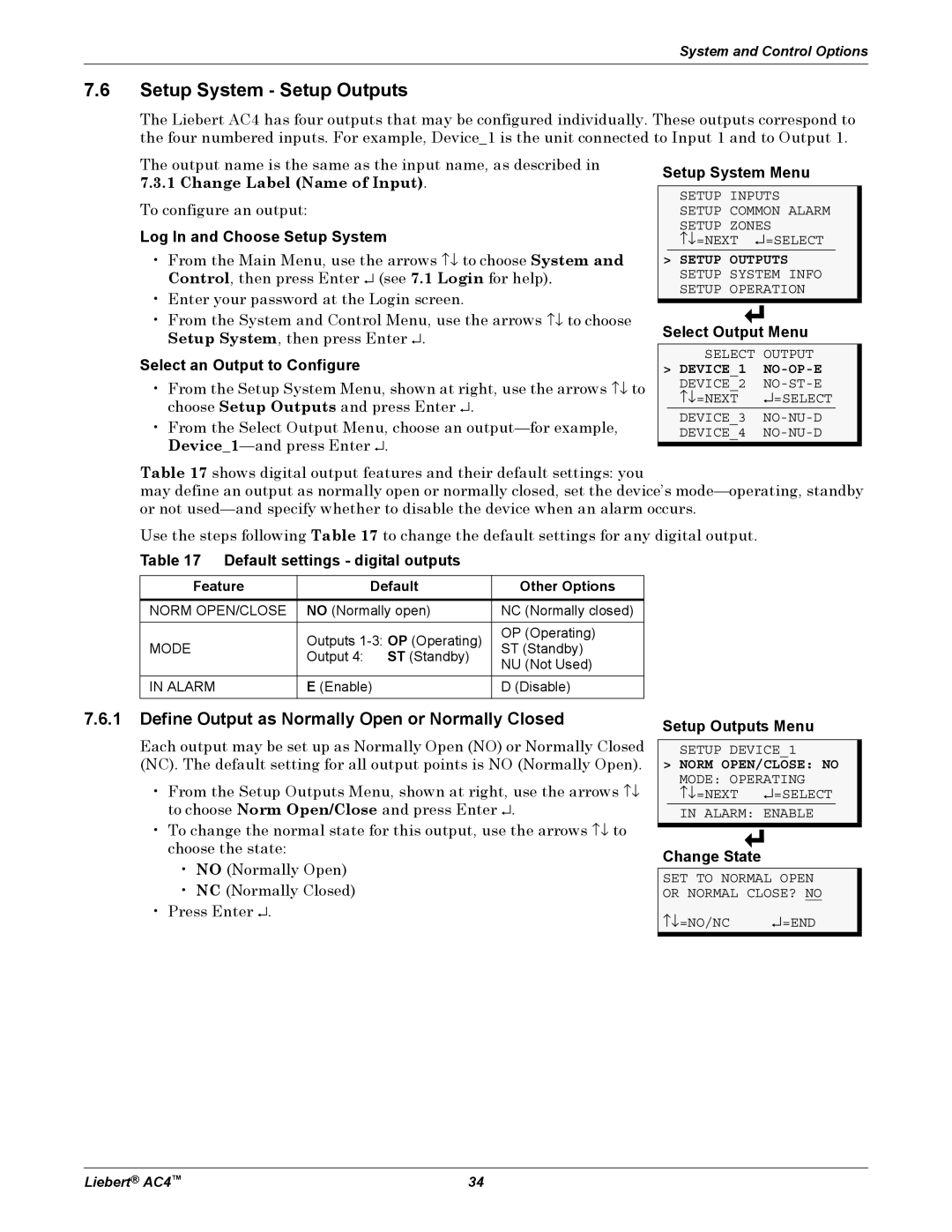 Emerson AC4 7.6Setup System - Setup Outputs, Log In and Choose Setup System, Select an Output to Configure, Change State 