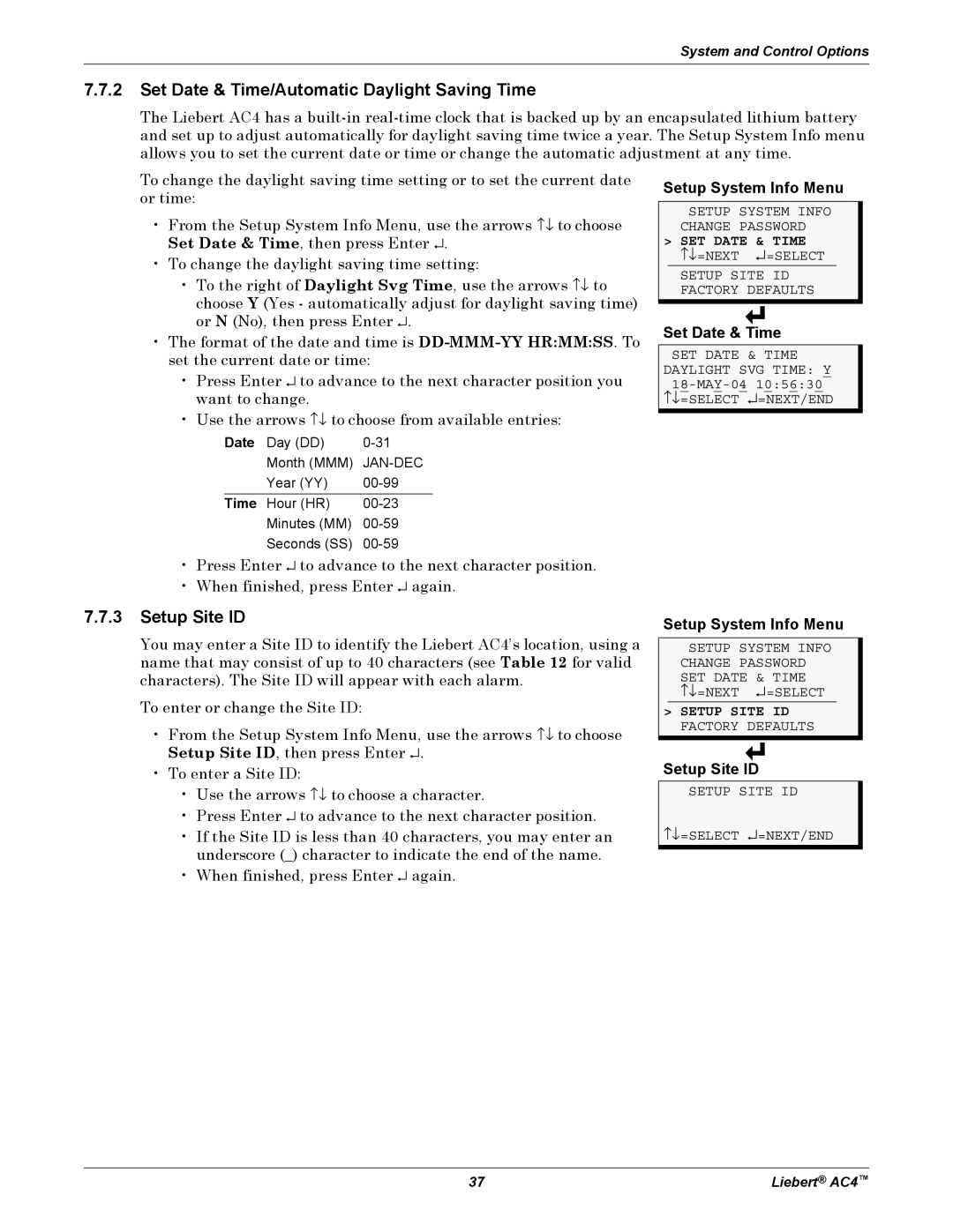 Emerson AC4 user manual 7.7.3Setup Site ID, Setup System Info Menu, Set Date & Time 