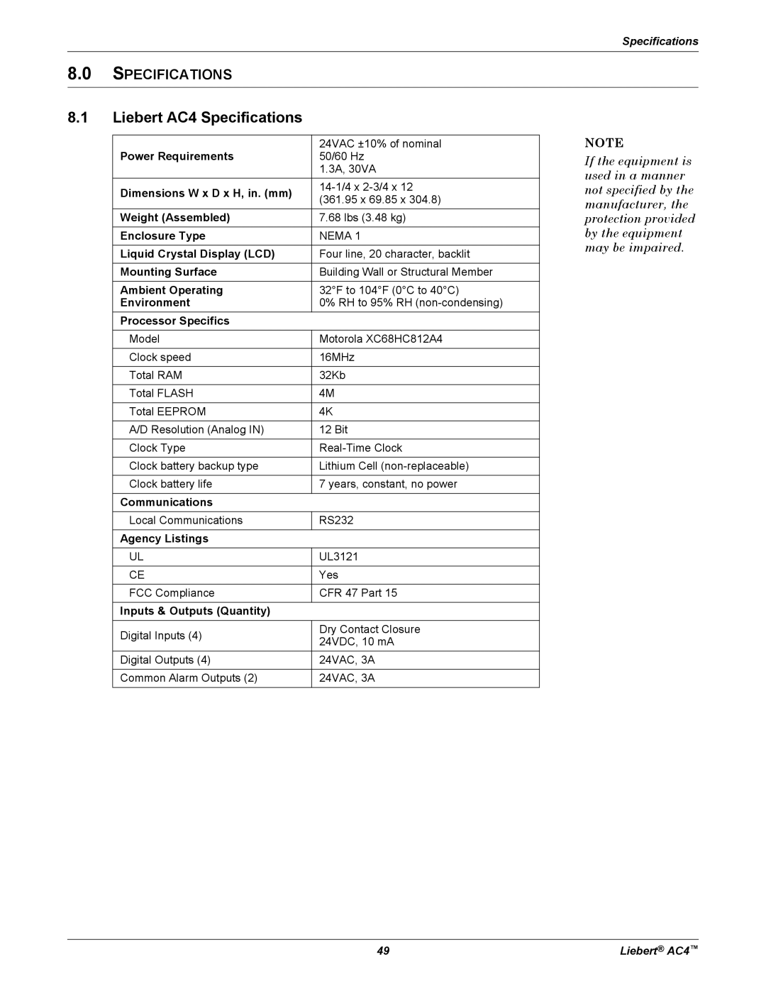 Emerson user manual 8.1Liebert AC4 Specifications, 8.0SPECIFICATIONS 