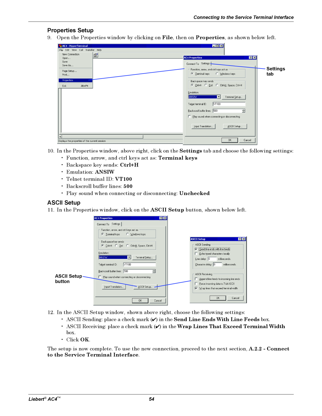 Emerson AC4 user manual Properties Setup, ASCII Setup 