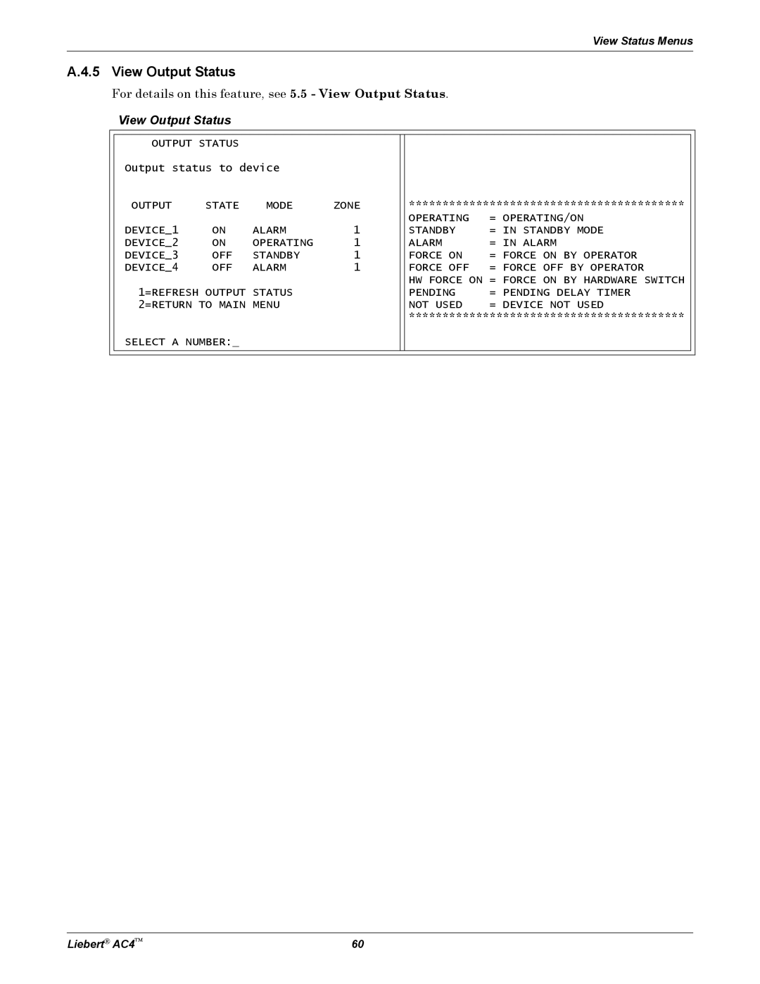 Emerson user manual A.4.5 View Output Status, View Status Menus, Liebert AC4 