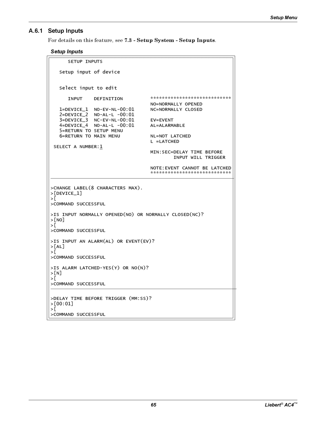 Emerson user manual A.6.1 Setup Inputs, Setup Menu, Liebert AC4 