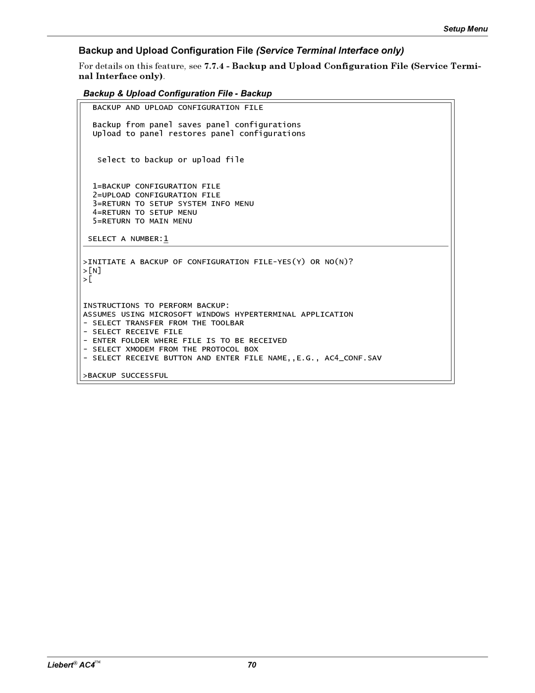 Emerson user manual Backup & Upload Configuration File - Backup, Setup Menu, Liebert AC4 