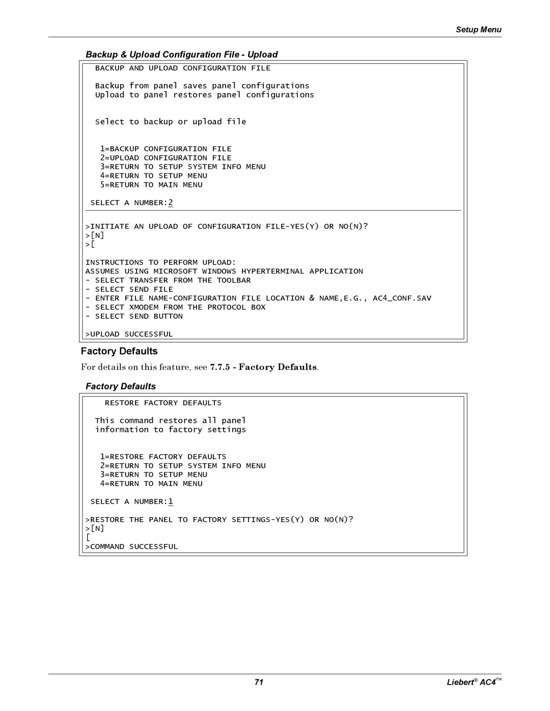 Emerson user manual Factory Defaults, Backup & Upload Configuration File - Upload, Setup Menu, Liebert AC4 