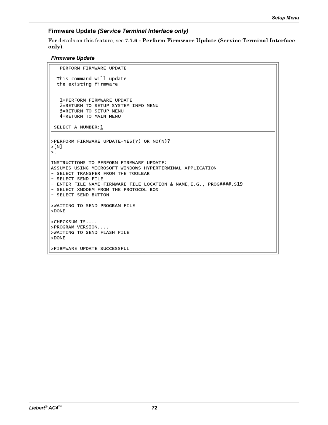 Emerson user manual Firmware Update Service Terminal Interface only, Setup Menu, Liebert AC4 