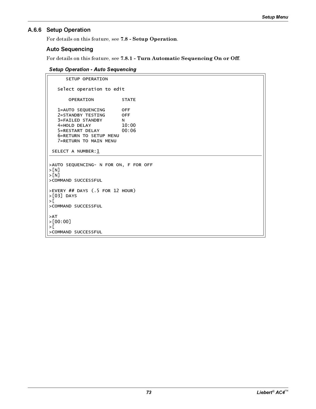 Emerson user manual A.6.6 Setup Operation, Setup Operation - Auto Sequencing, Setup Menu, Liebert AC4 