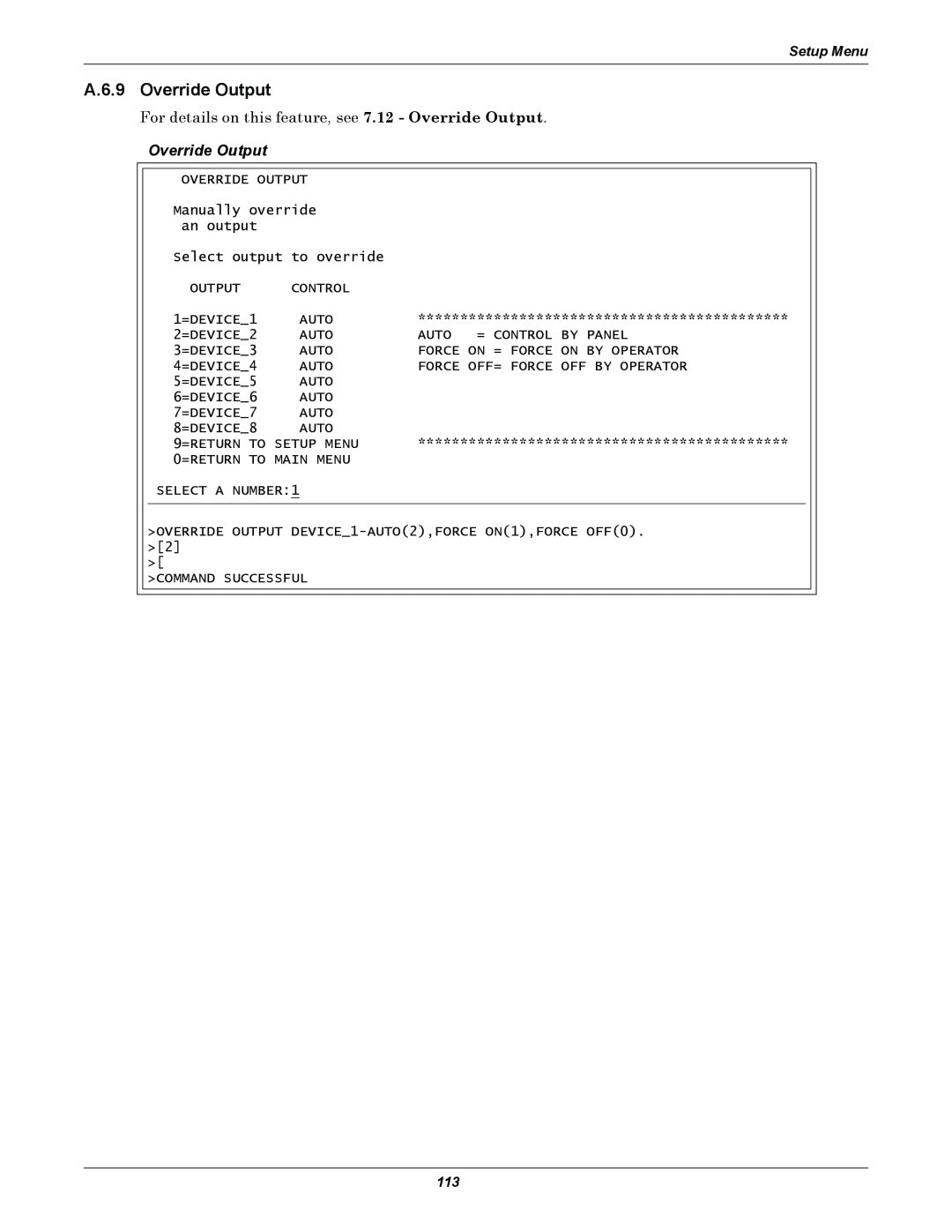 Emerson AC8 user manual A.6.9 Override Output, Setup Menu 