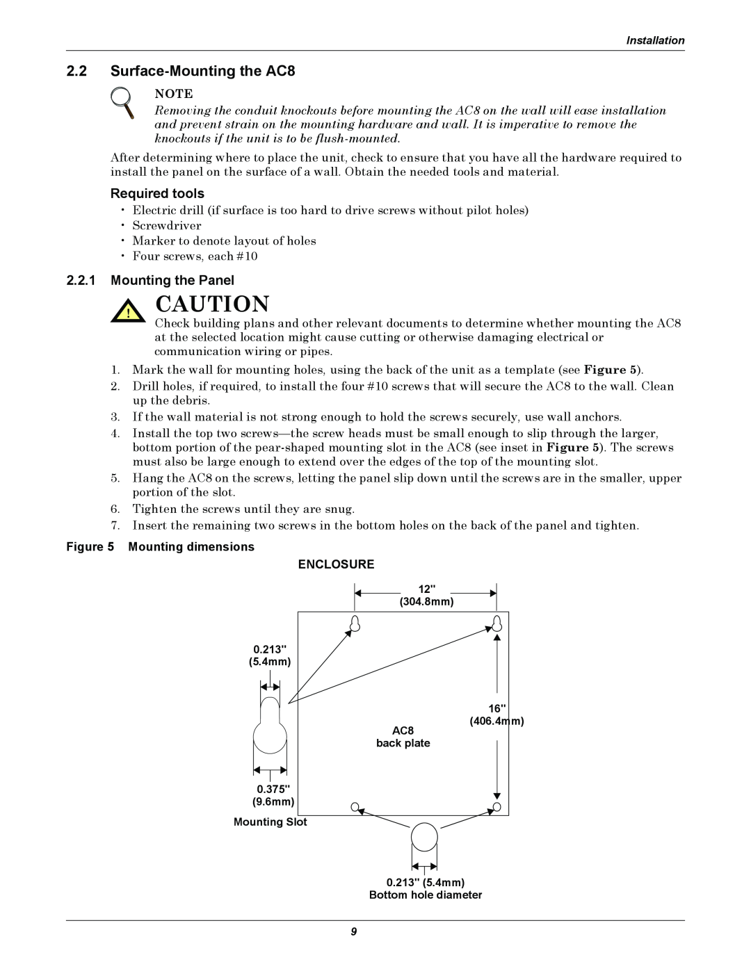 Emerson user manual 2.2Surface-Mountingthe AC8, Required tools, Mounting the Panel, Mounting dimensions ENCLOSURE 