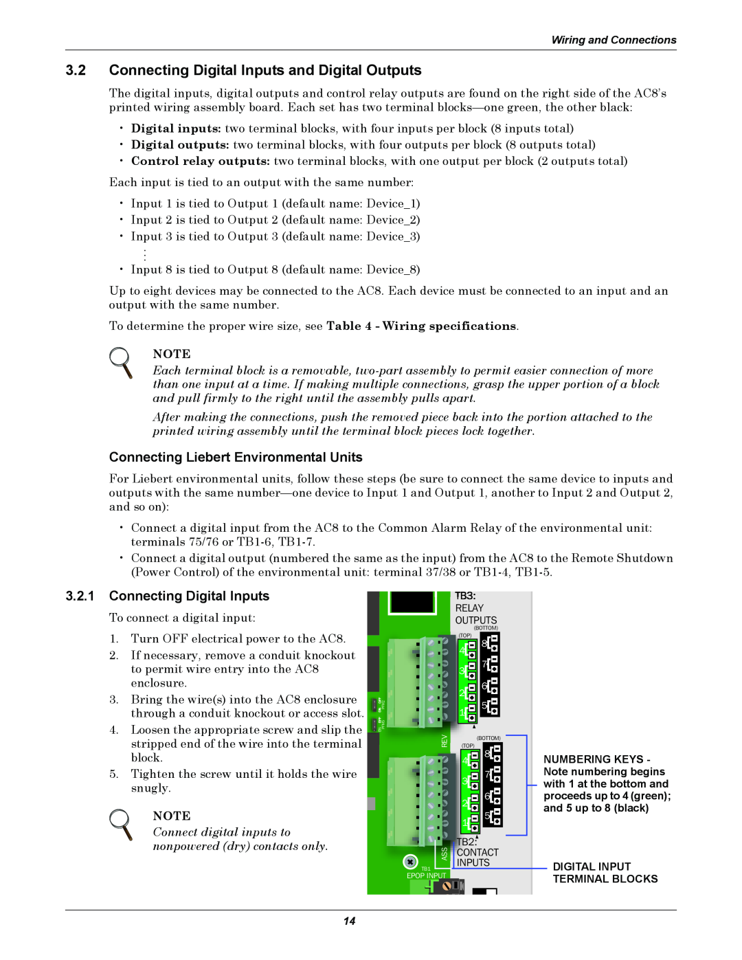 Emerson AC8 user manual 3.2Connecting Digital Inputs and Digital Outputs, Connecting Liebert Environmental Units 