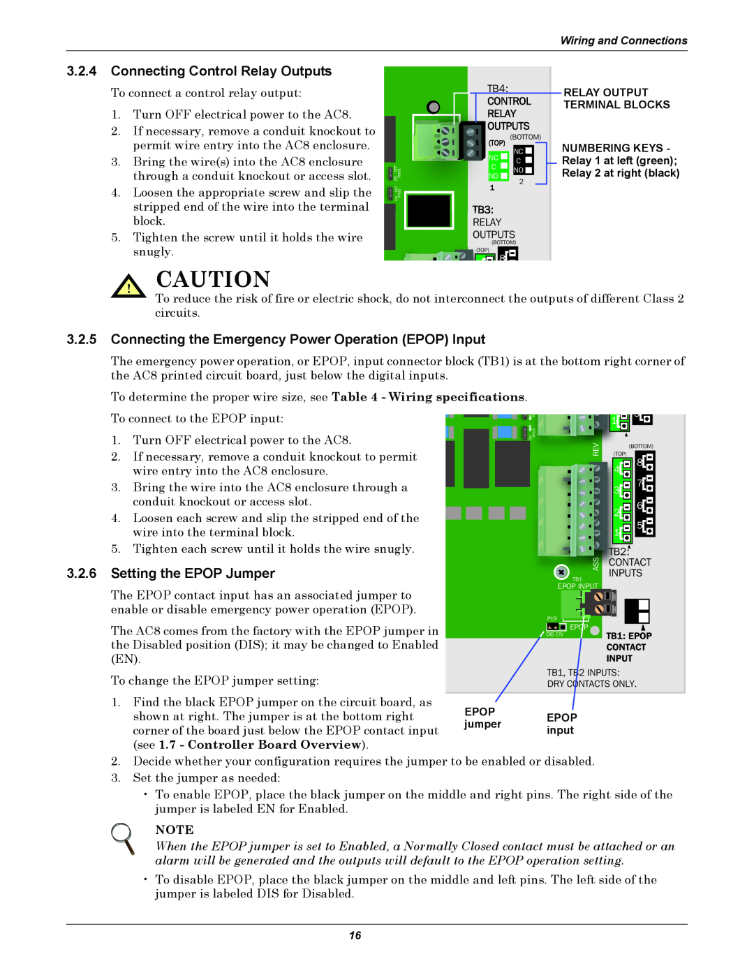Emerson AC8 user manual 3.2.4Connecting Control Relay Outputs, 3.2.6Setting the EPOP Jumper 