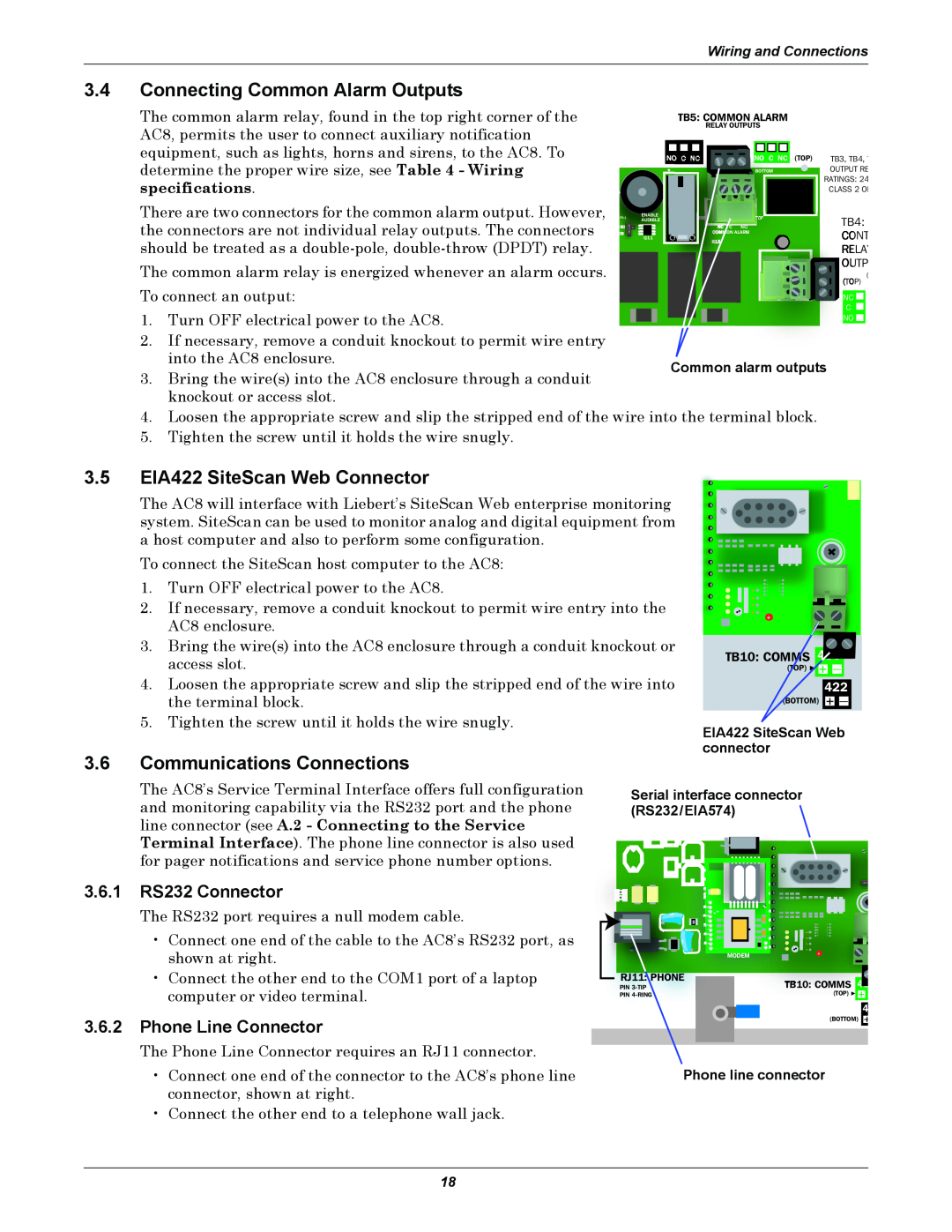 Emerson AC8 user manual 3.4Connecting Common Alarm Outputs, 3.5EIA422 SiteScan Web Connector, 3.6Communications Connections 