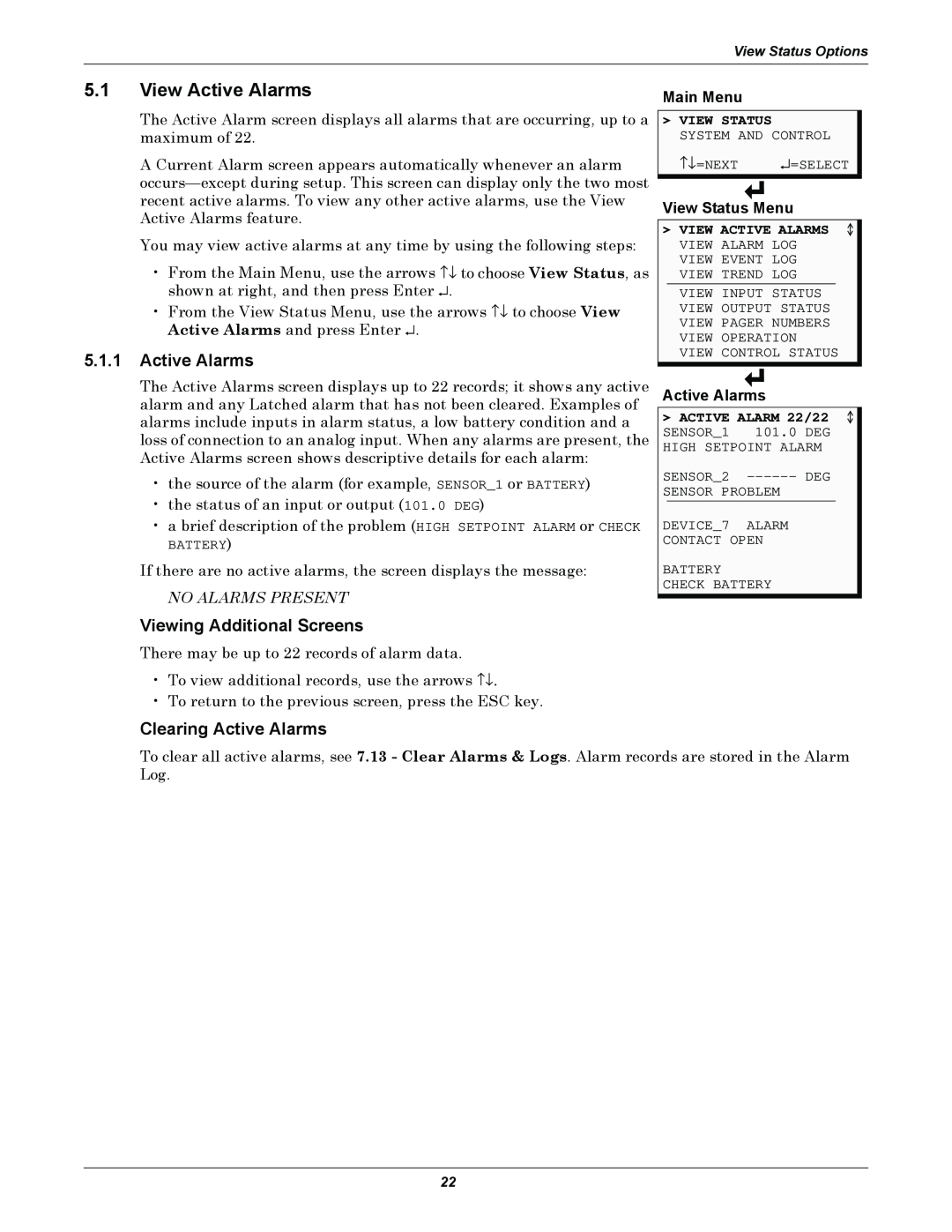 Emerson AC8 user manual 5.1.1Active Alarms, Viewing Additional Screens, Clearing Active Alarms, Main Menu, View Status Menu 