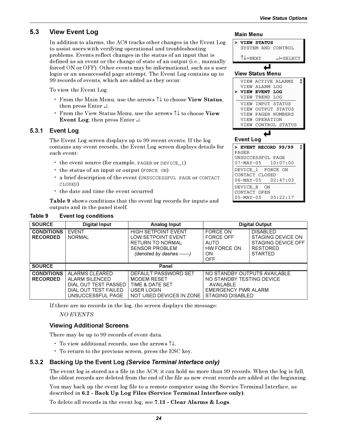 Emerson AC8 5.3.1Event Log, Viewing Additional Screens, Main Menu, View Status Menu, Table, Event log conditions 