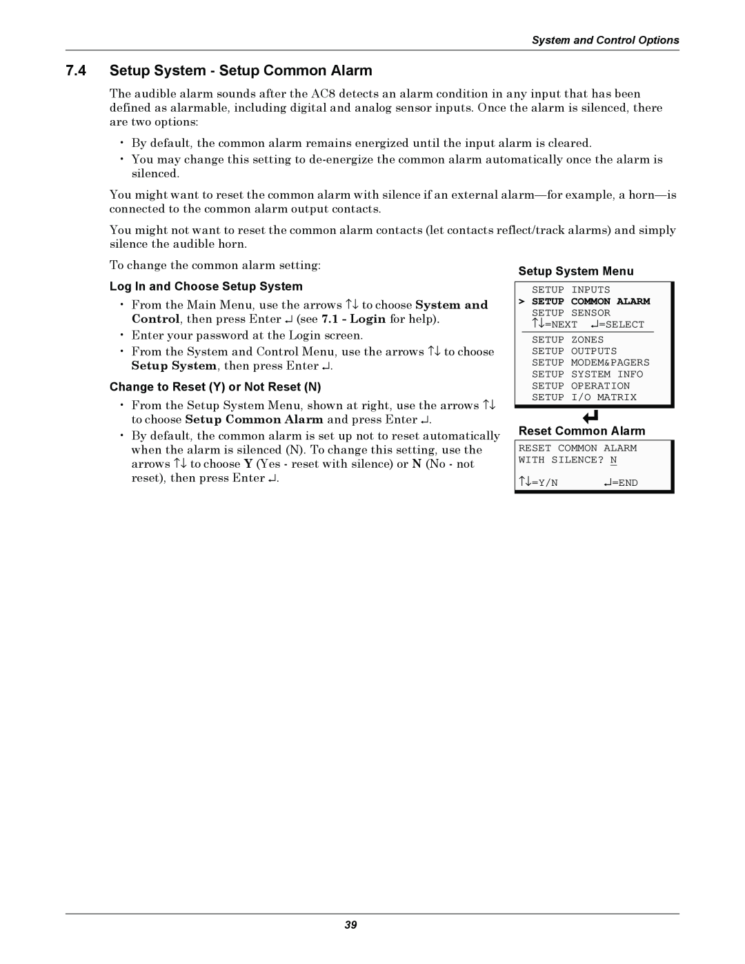 Emerson AC8 7.4Setup System - Setup Common Alarm, Log In and Choose Setup System, Change to Reset Y or Not Reset N 