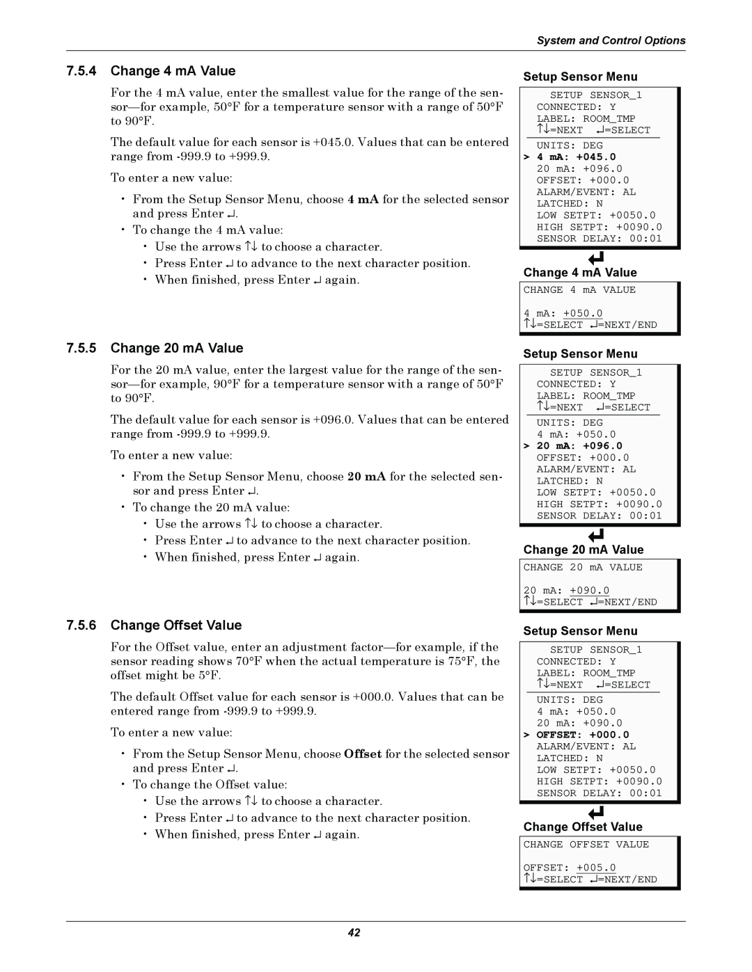 Emerson AC8 user manual 7.5.4Change 4 mA Value, 7.5.5Change 20 mA Value, 7.5.6Change Offset Value, Setup Sensor Menu 