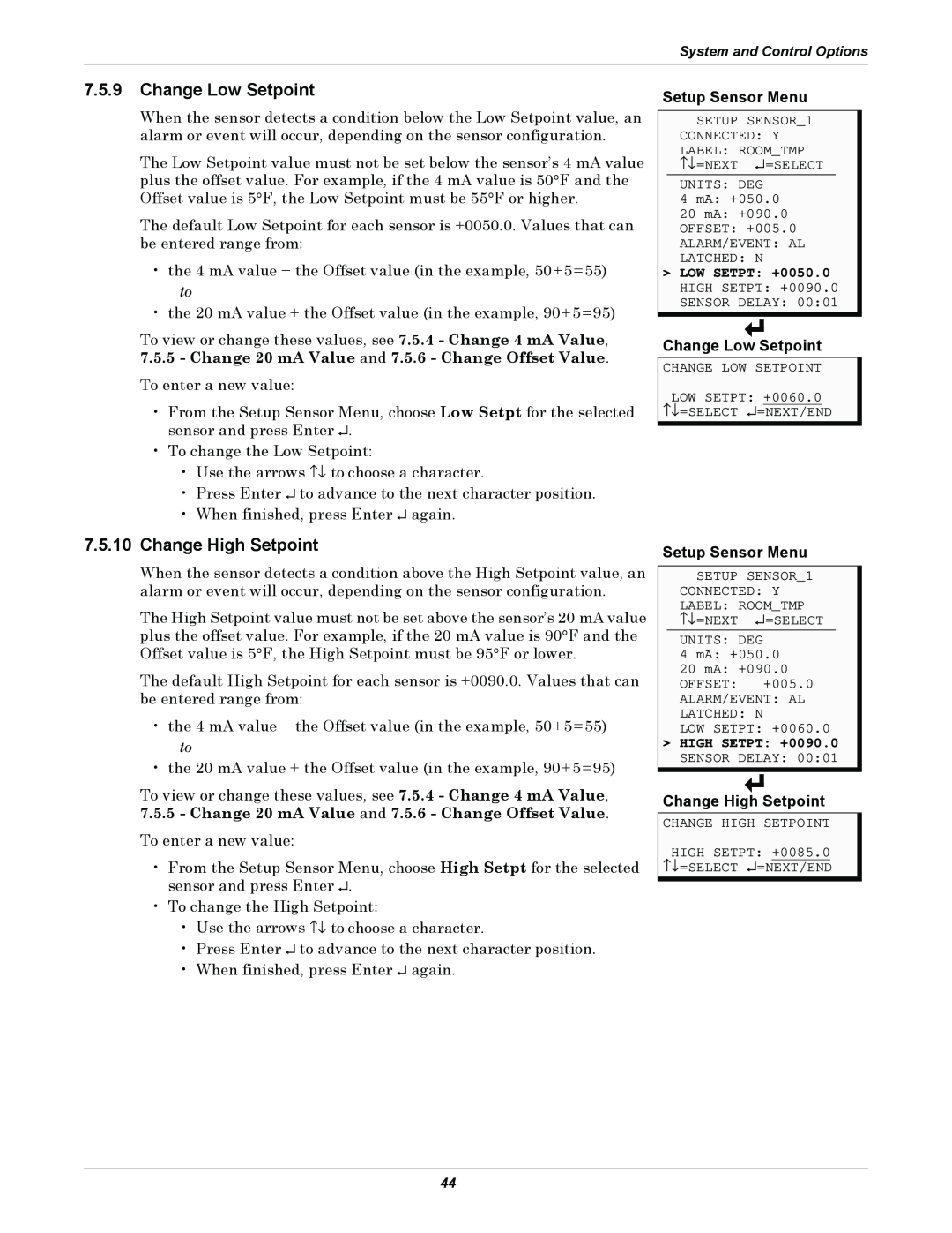 Emerson AC8 user manual 7.5.9Change Low Setpoint, 7.5.10Change High Setpoint, Setup Sensor Menu 