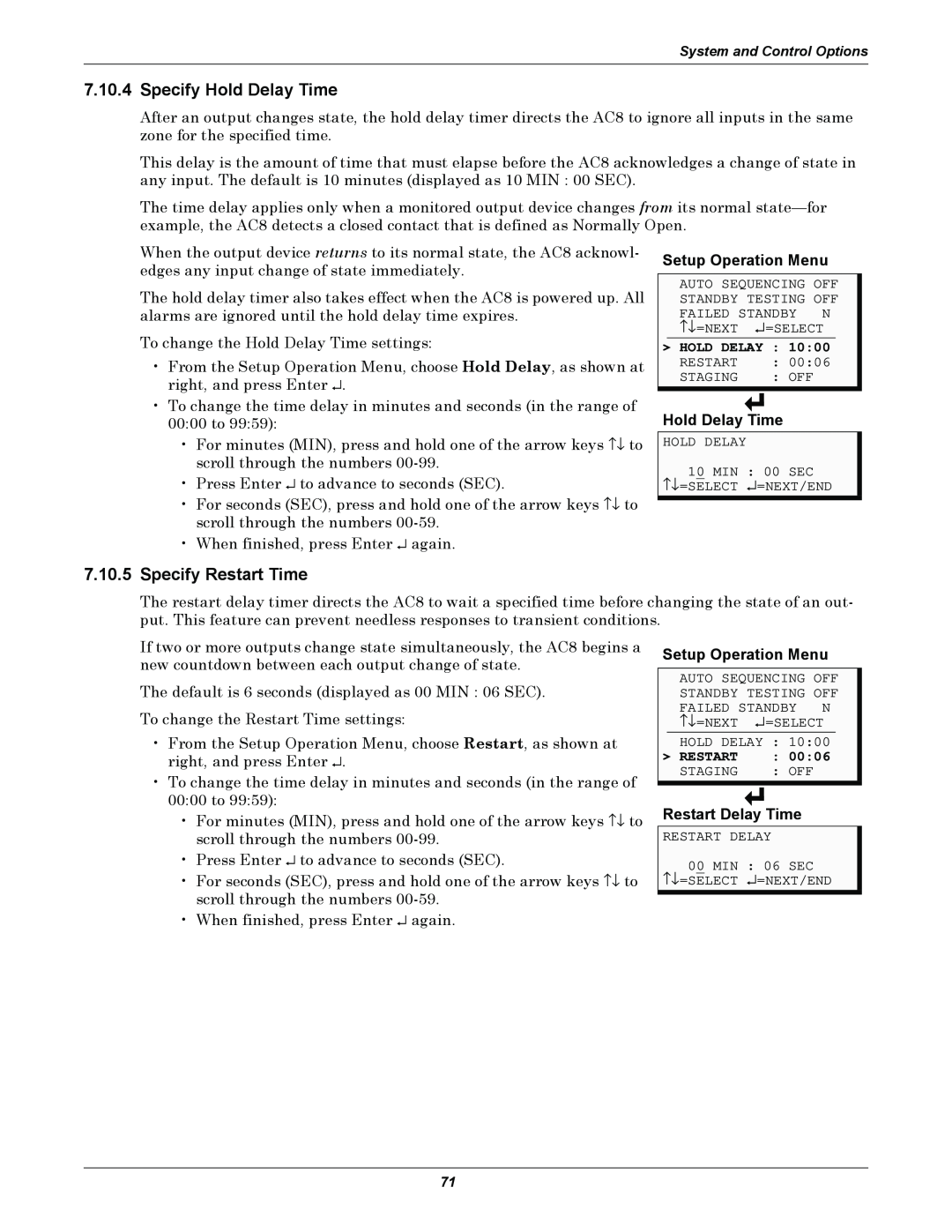 Emerson AC8 user manual 7.10.4Specify Hold Delay Time, 7.10.5Specify Restart Time, Setup Operation Menu, Restart Delay Time 