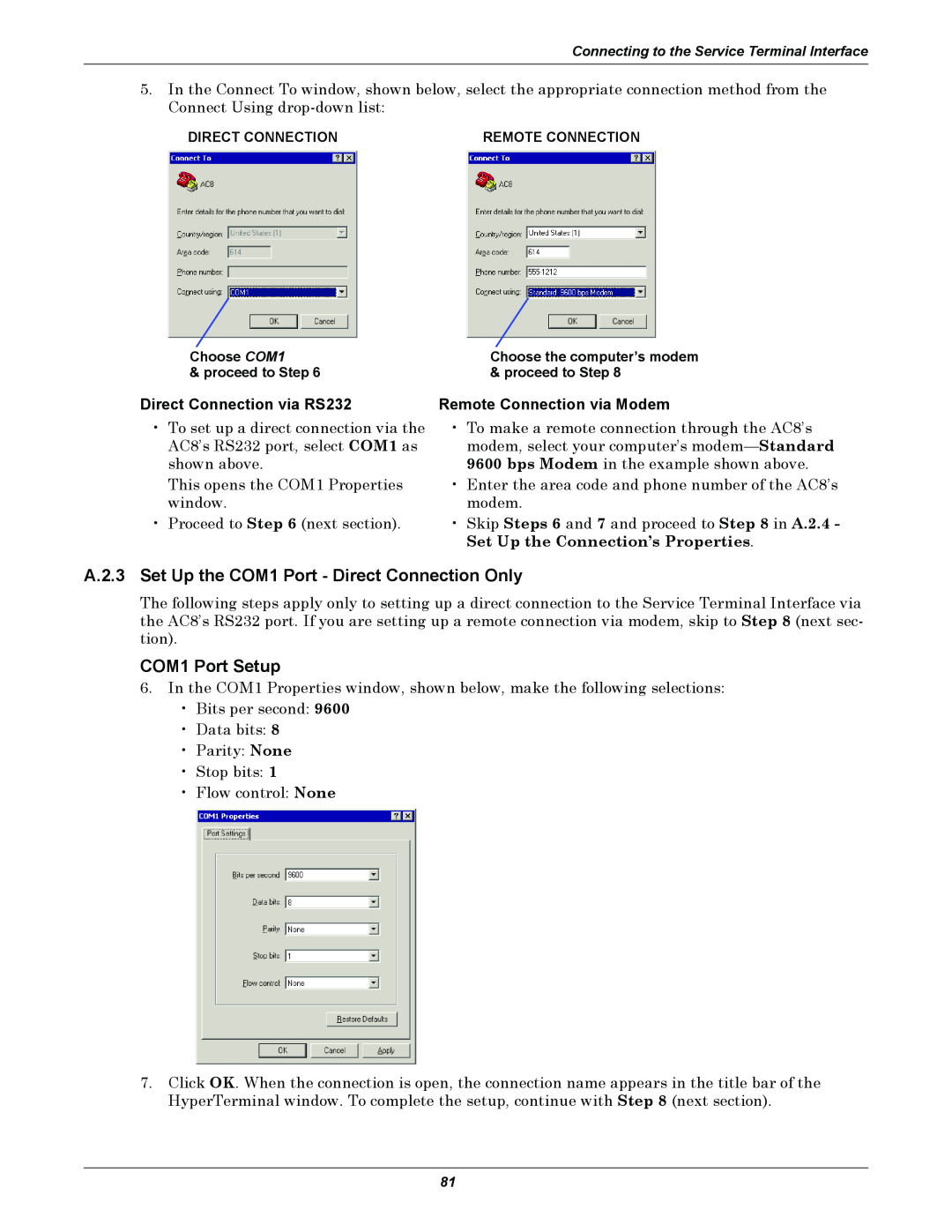 Emerson AC8 user manual COM1 Port Setup, Direct Connection via RS232, Remote Connection via Modem 