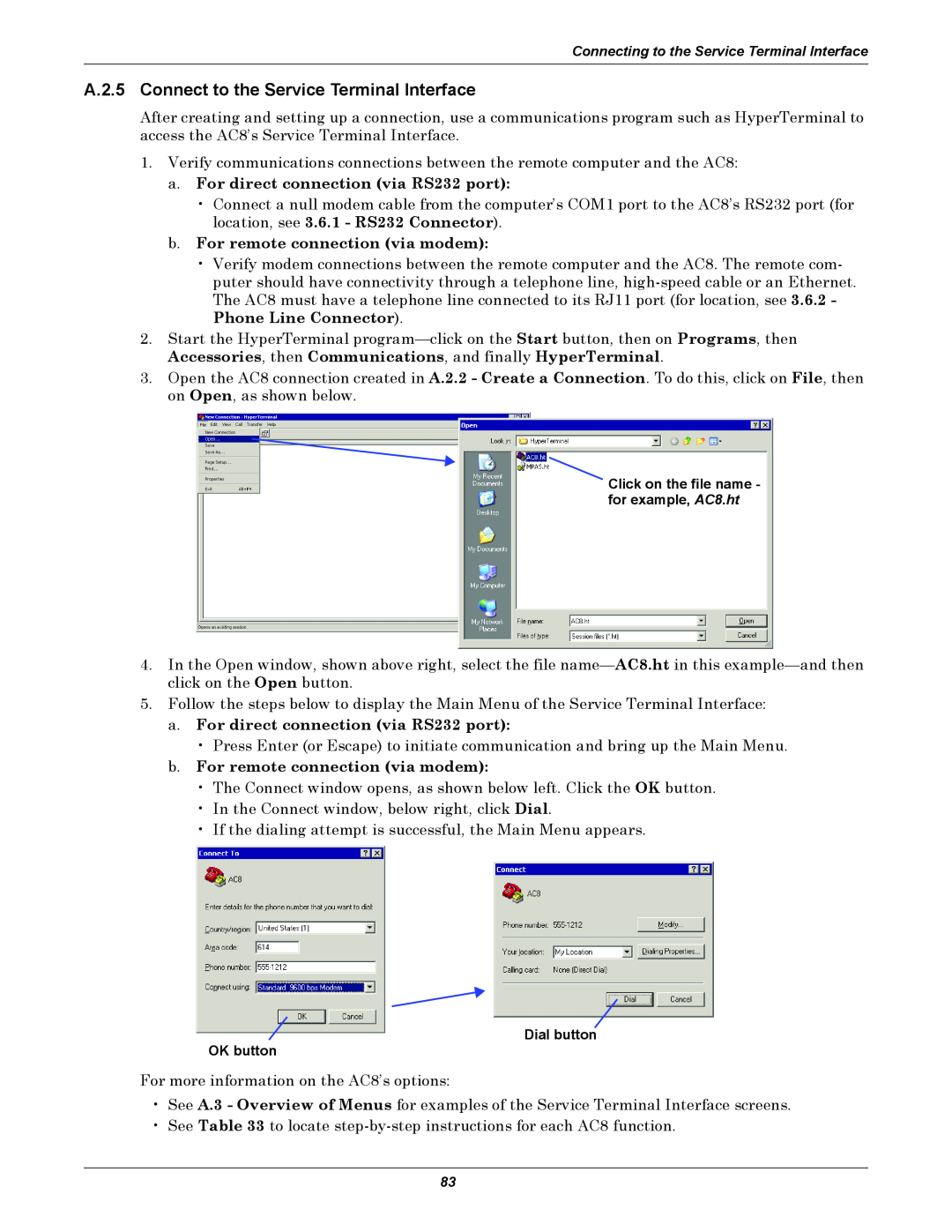 Emerson AC8 user manual A.2.5 Connect to the Service Terminal Interface, a.For direct connection via RS232 port 