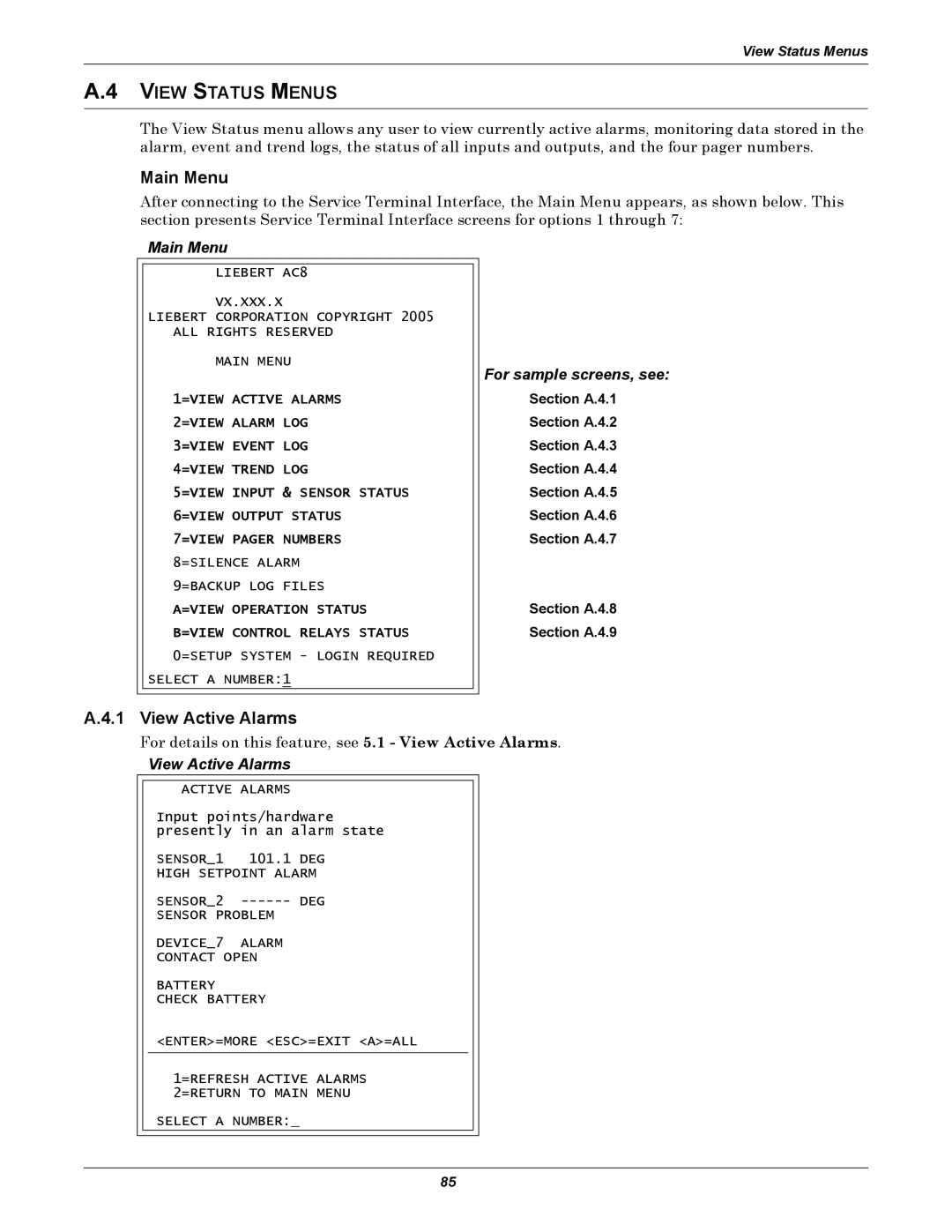 Emerson AC8 user manual A.4 VIEW STATUS MENUS, Main Menu, A.4.1 View Active Alarms, For sample screens, see 
