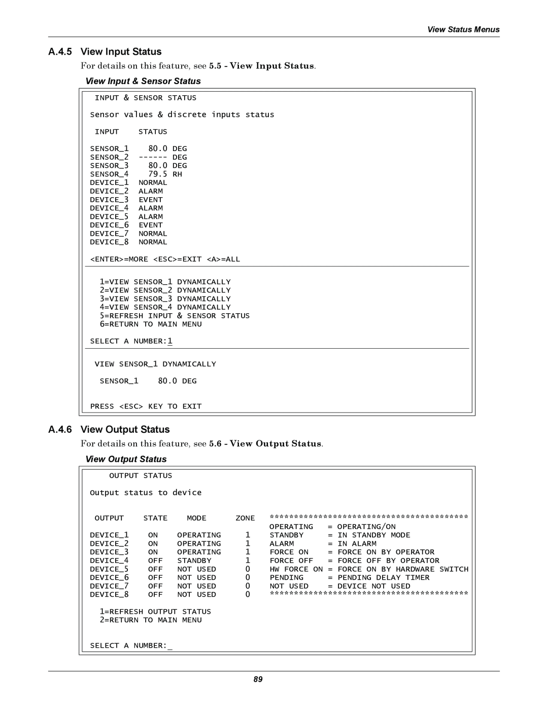 Emerson AC8 user manual A.4.5 View Input Status, A.4.6 View Output Status, View Input & Sensor Status 