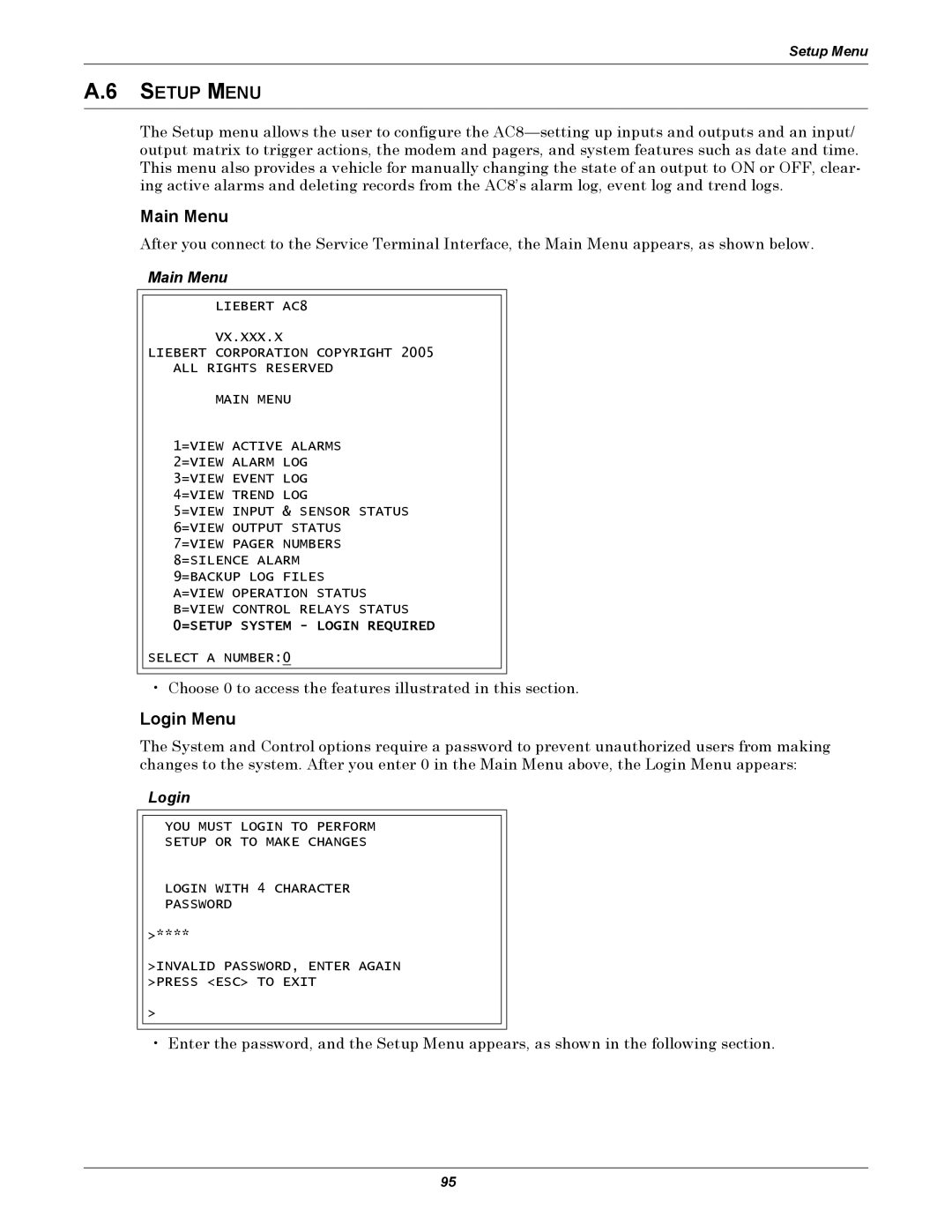 Emerson AC8 user manual Setup Menu, Login Menu 