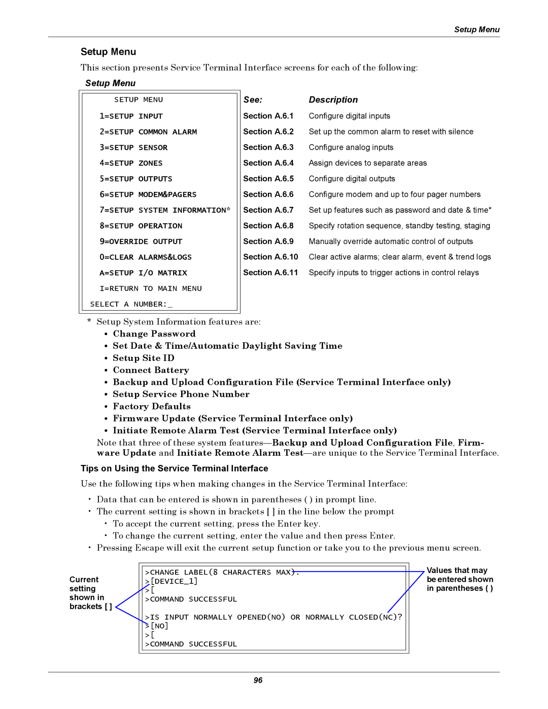 Emerson AC8 user manual Setup Menu, See Description, Tips on Using the Service Terminal Interface 