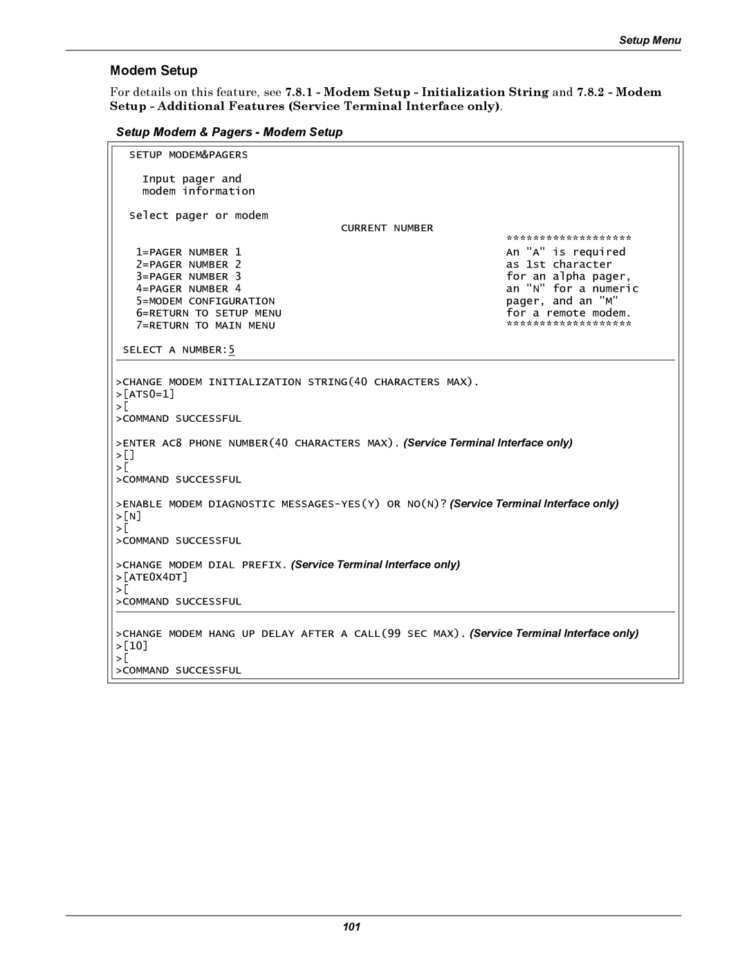 Emerson AC8 user manual Setup Modem & Pagers Modem Setup 