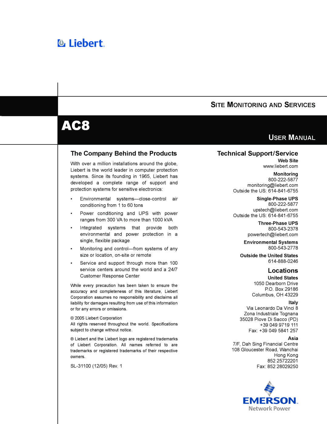 Emerson AC8 user manual Company Behind the Products, Technical Support/Service, Locations, United States, Italy 