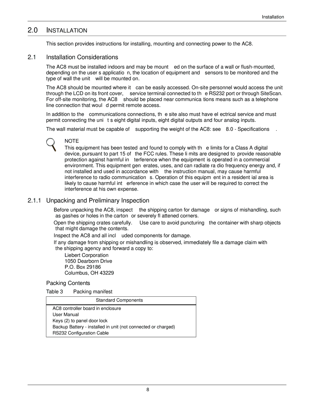 Emerson AC8 user manual Installation Considerations, Unpacking and Preliminary Inspection, Packing Contents 