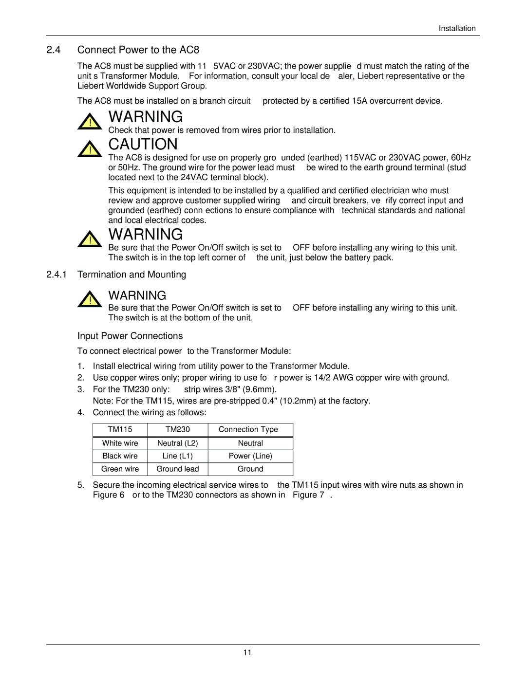 Emerson Connect Power to the AC8, Termination and Mounting, Input Power Connections, TM115 TM230 Connection Type 