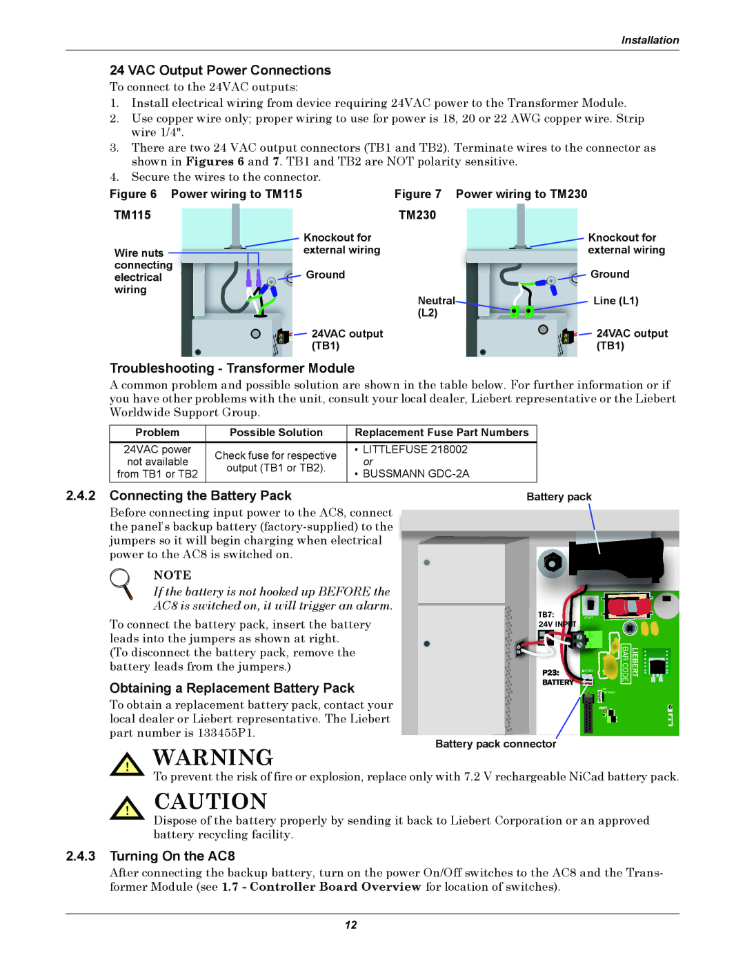 Emerson AC8 user manual VAC Output Power Connections, Troubleshooting Transformer Module, Connecting the Battery Pack 