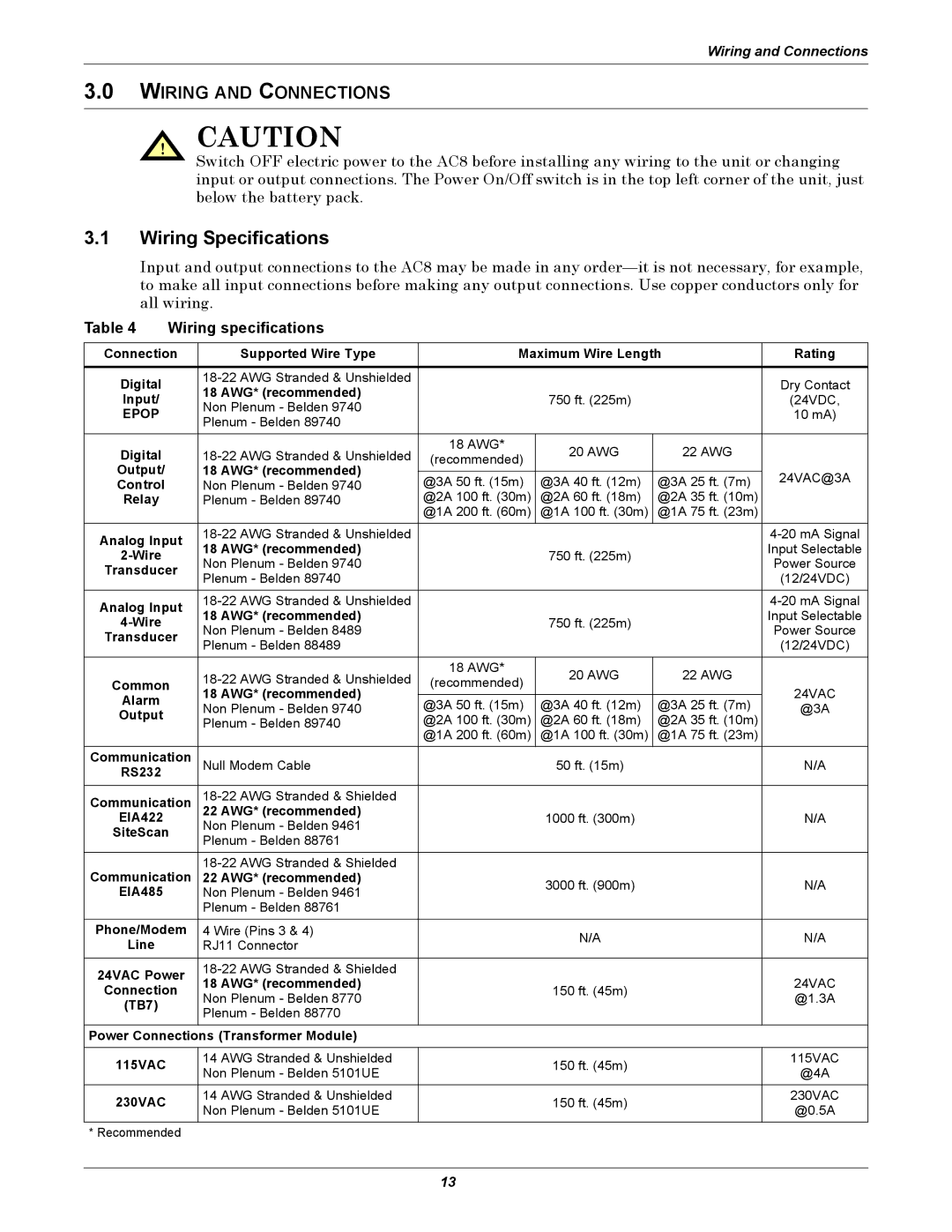 Emerson AC8 user manual Wiring Specifications, Wiring and Connections, Wiring specifications 