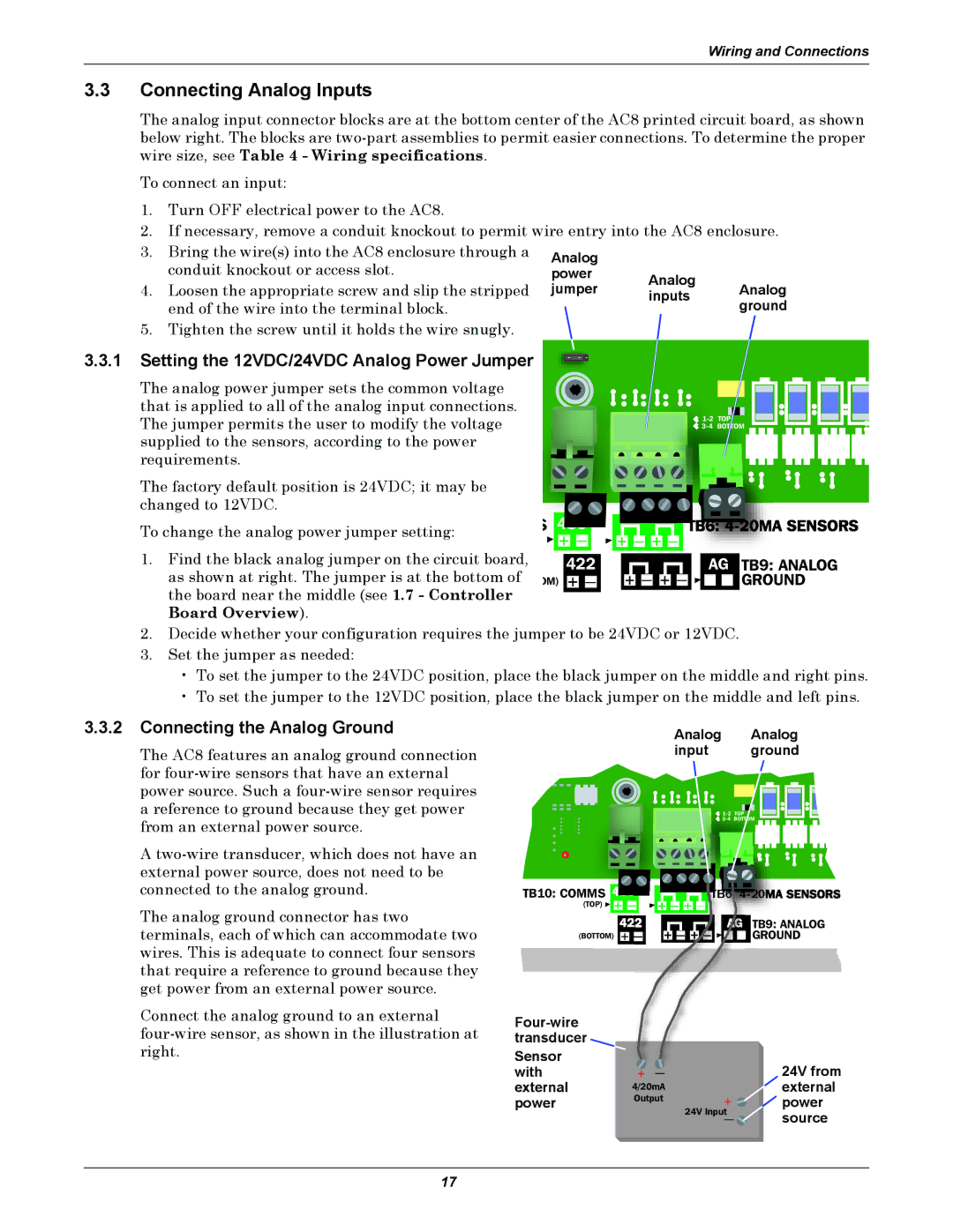 Emerson AC8 user manual Connecting Analog Inputs, Setting the 12VDC/24VDC Analog Power Jumper, Connecting the Analog Ground 