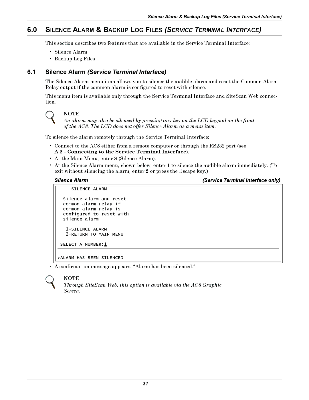 Emerson AC8 Silence Alarm & Backup LOG Files Service Terminal Interface, Silence Alarm Service Terminal Interface only 