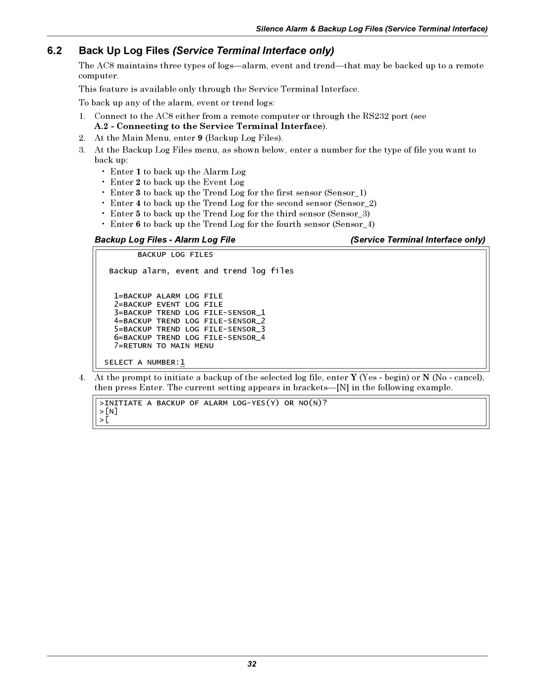 Emerson AC8 user manual Back Up Log Files Service Terminal Interface only 