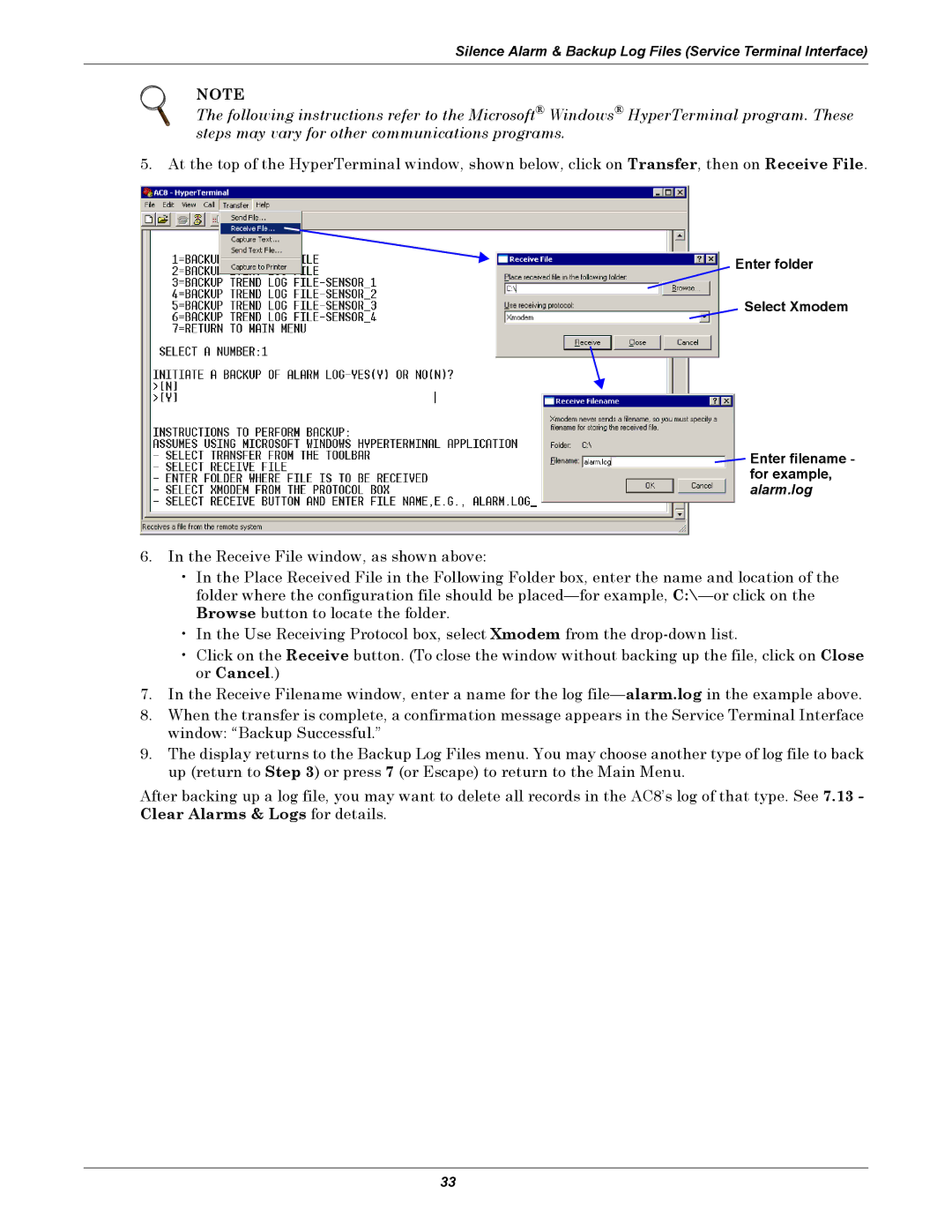 Emerson AC8 user manual Silence Alarm & Backup Log Files Service Terminal Interface 