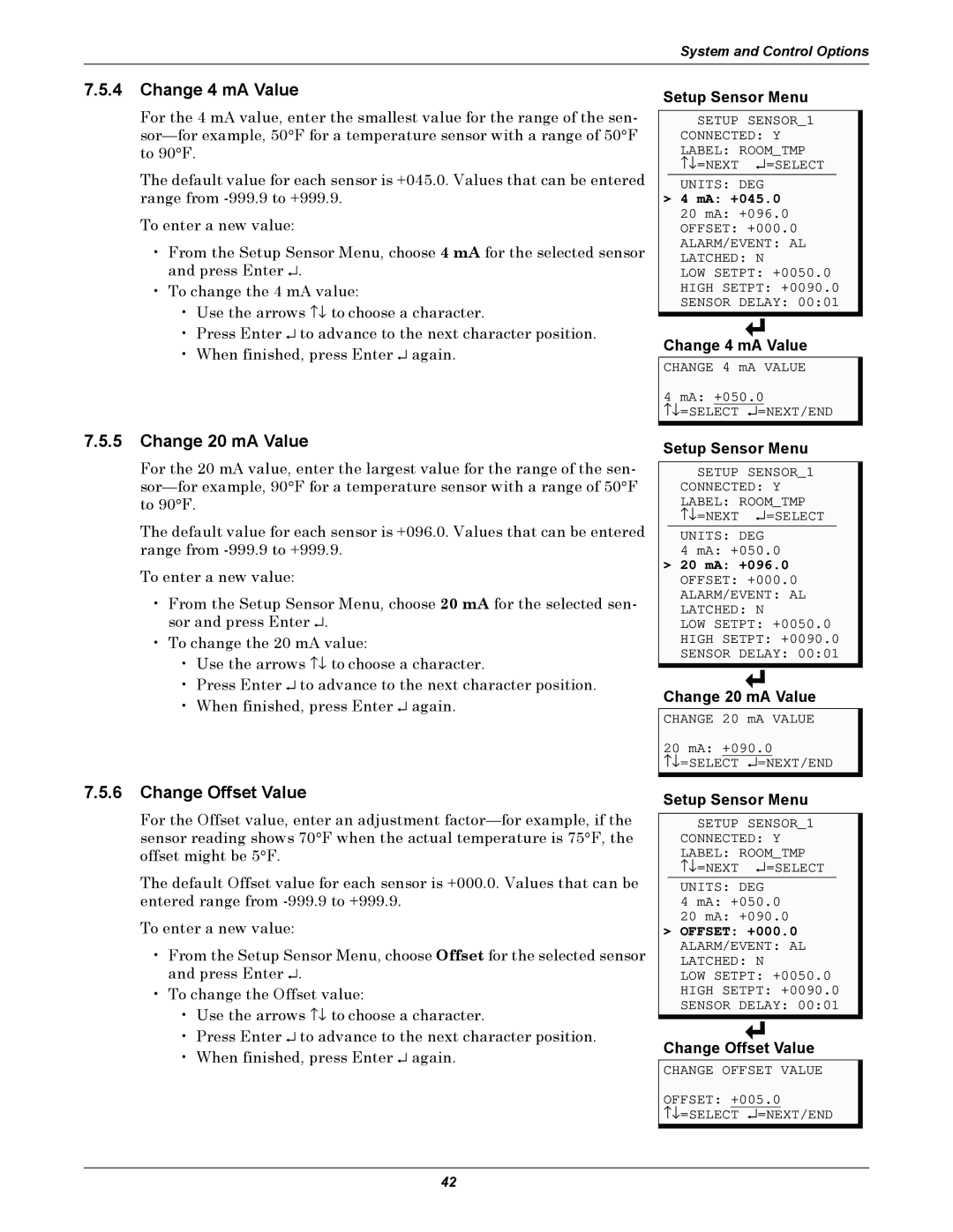 Emerson AC8 user manual Change 4 mA Value, Change 20 mA Value, Change Offset Value 