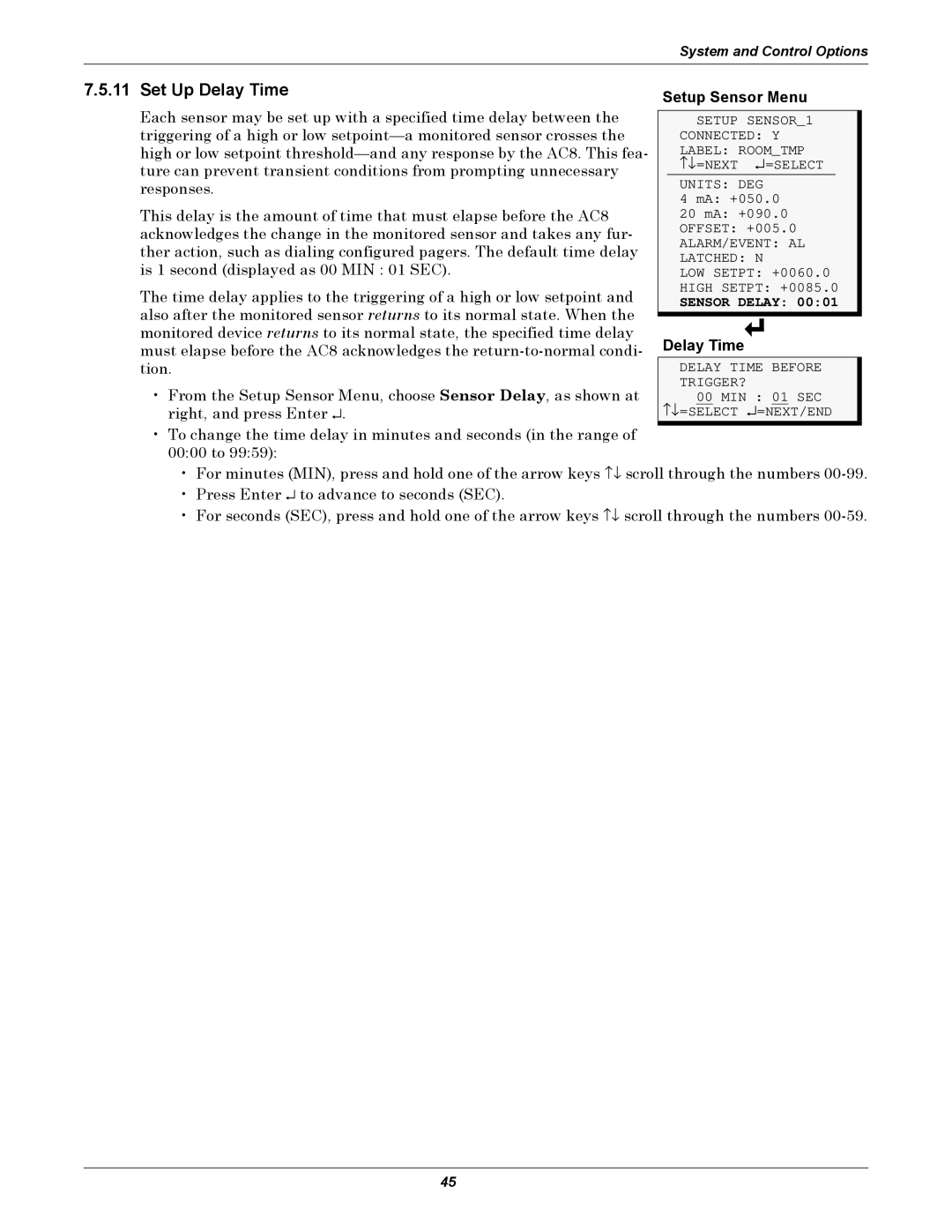 Emerson AC8 user manual Set Up Delay Time, Sensor Delay 