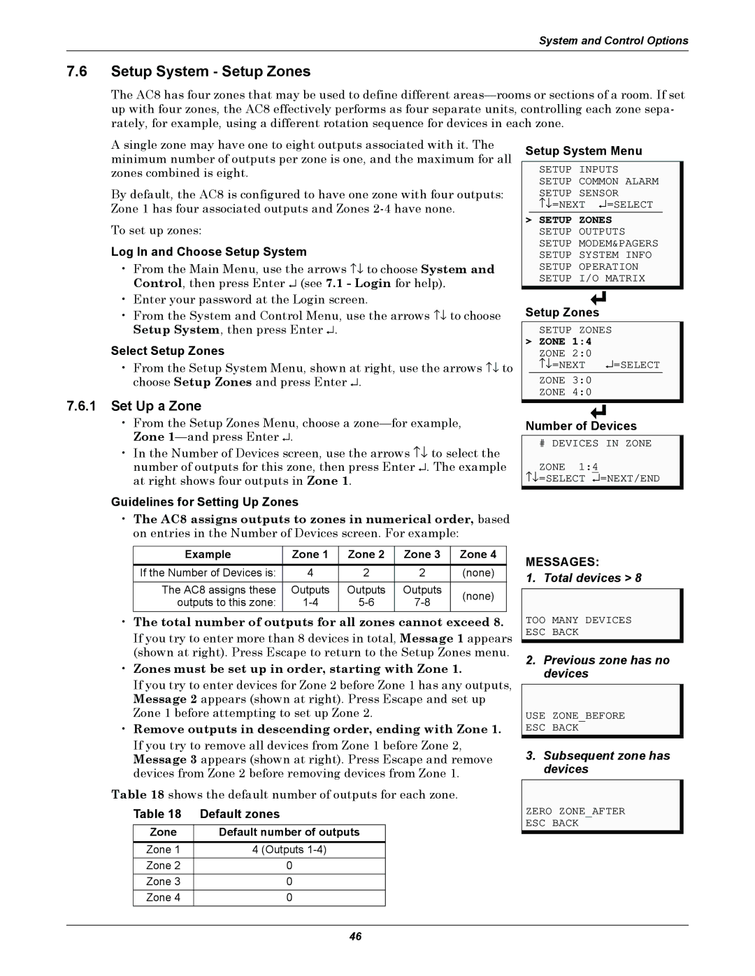 Emerson AC8 user manual Setup System Setup Zones, Set Up a Zone, Total devices, Previous zone has no devices 