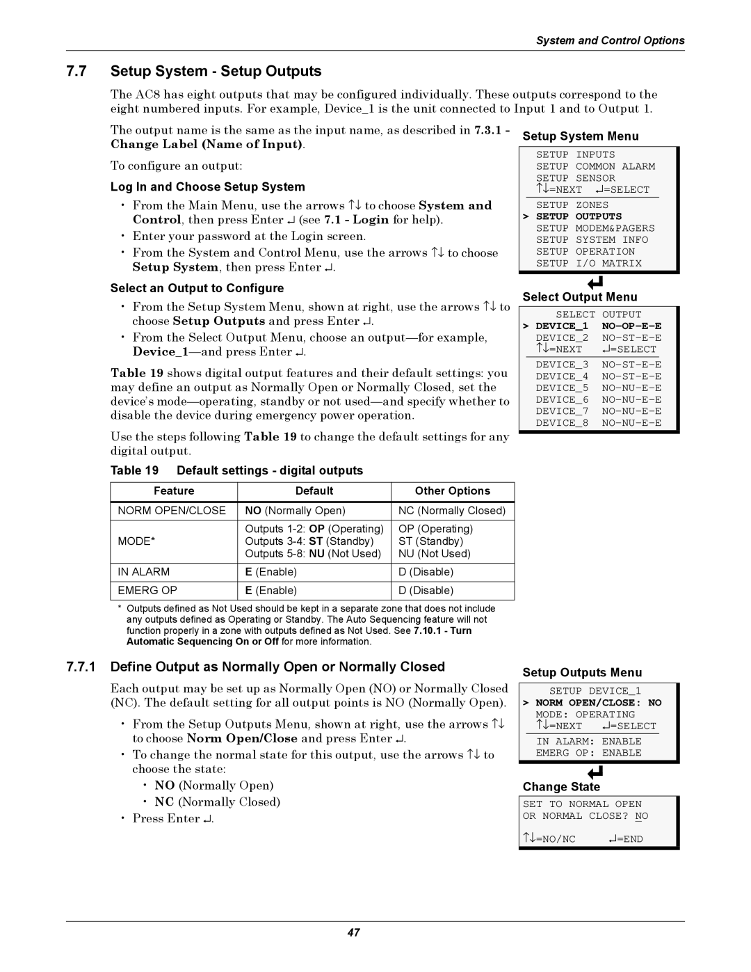 Emerson AC8 user manual Setup System Setup Outputs, Define Output as Normally Open or Normally Closed 