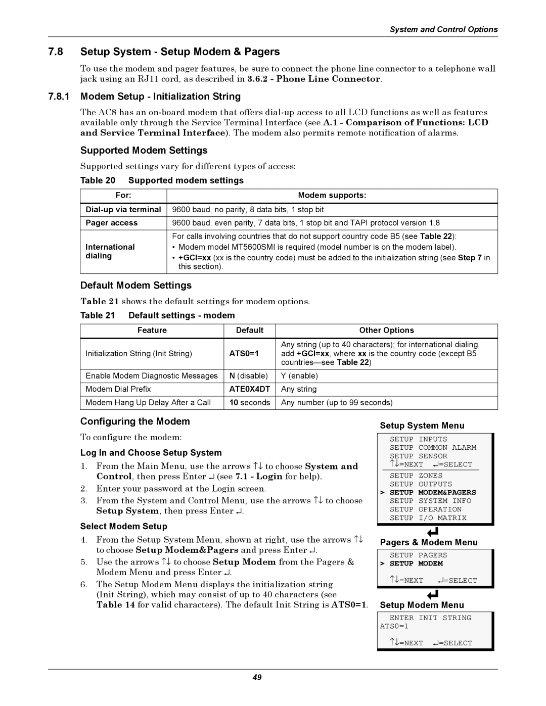 Emerson AC8 user manual Setup System Setup Modem & Pagers, Modem Setup Initialization String, Supported Modem Settings 