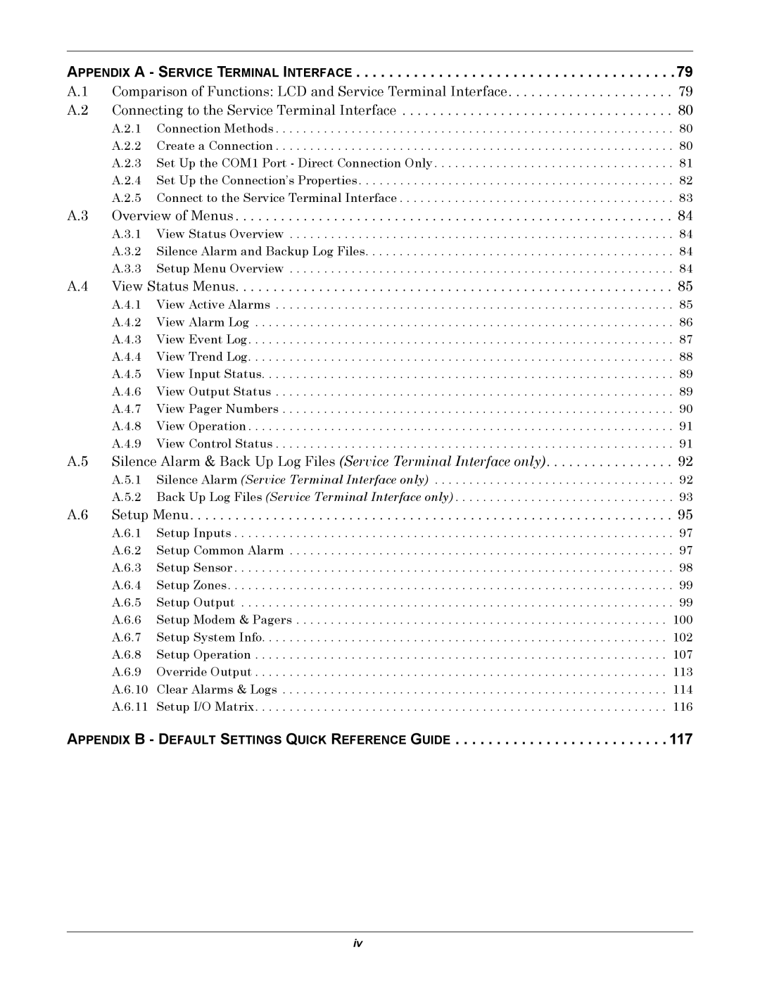 Emerson AC8 user manual Appendix a Service Terminal Interface, Appendix B Default Settings Quick Reference Guide 