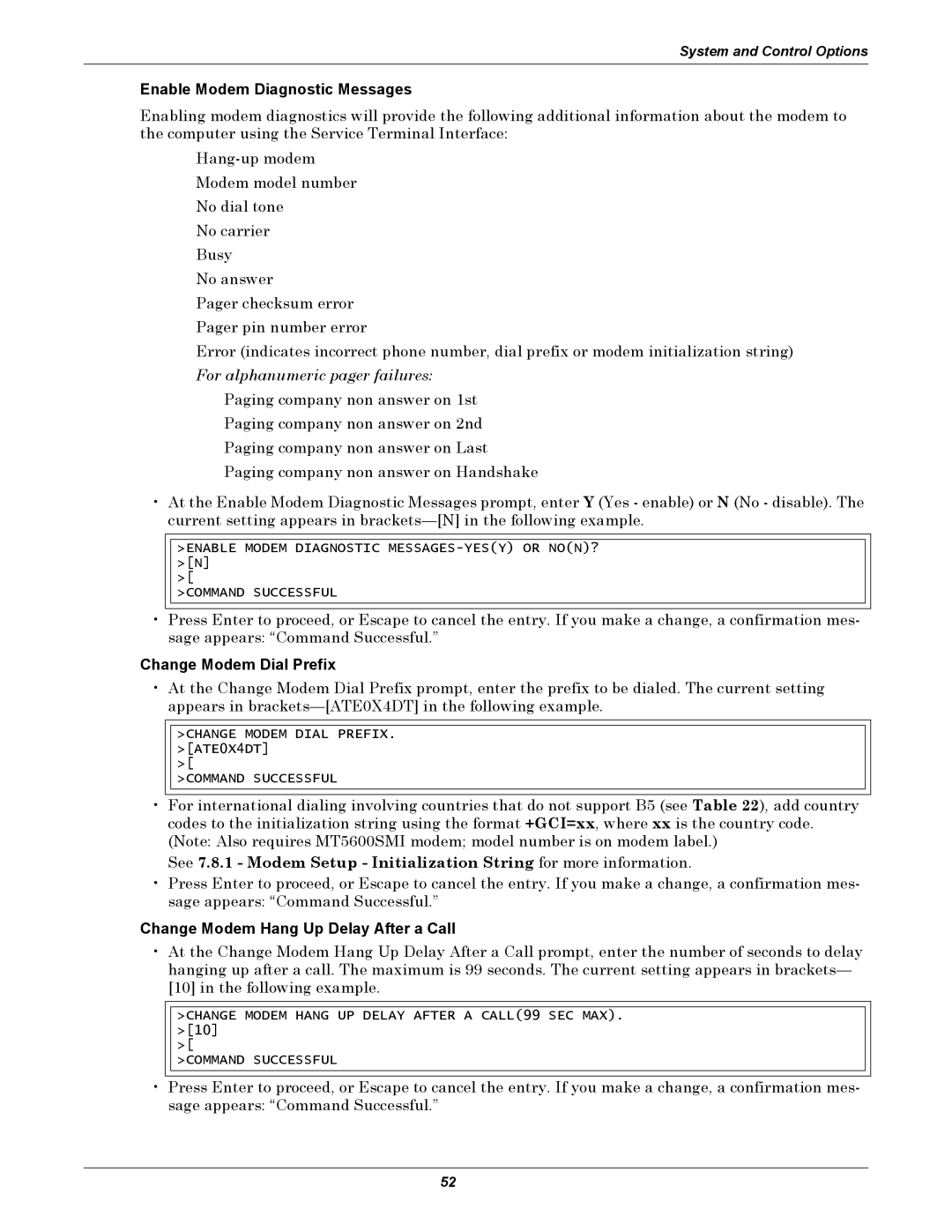 Emerson AC8 user manual Enable Modem Diagnostic Messages, Change Modem Dial Prefix, Change Modem Hang Up Delay After a Call 