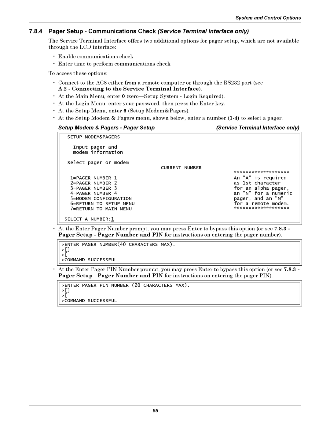 Emerson AC8 user manual Enter Pager NUMBER40 Characters MAX Command Successful 